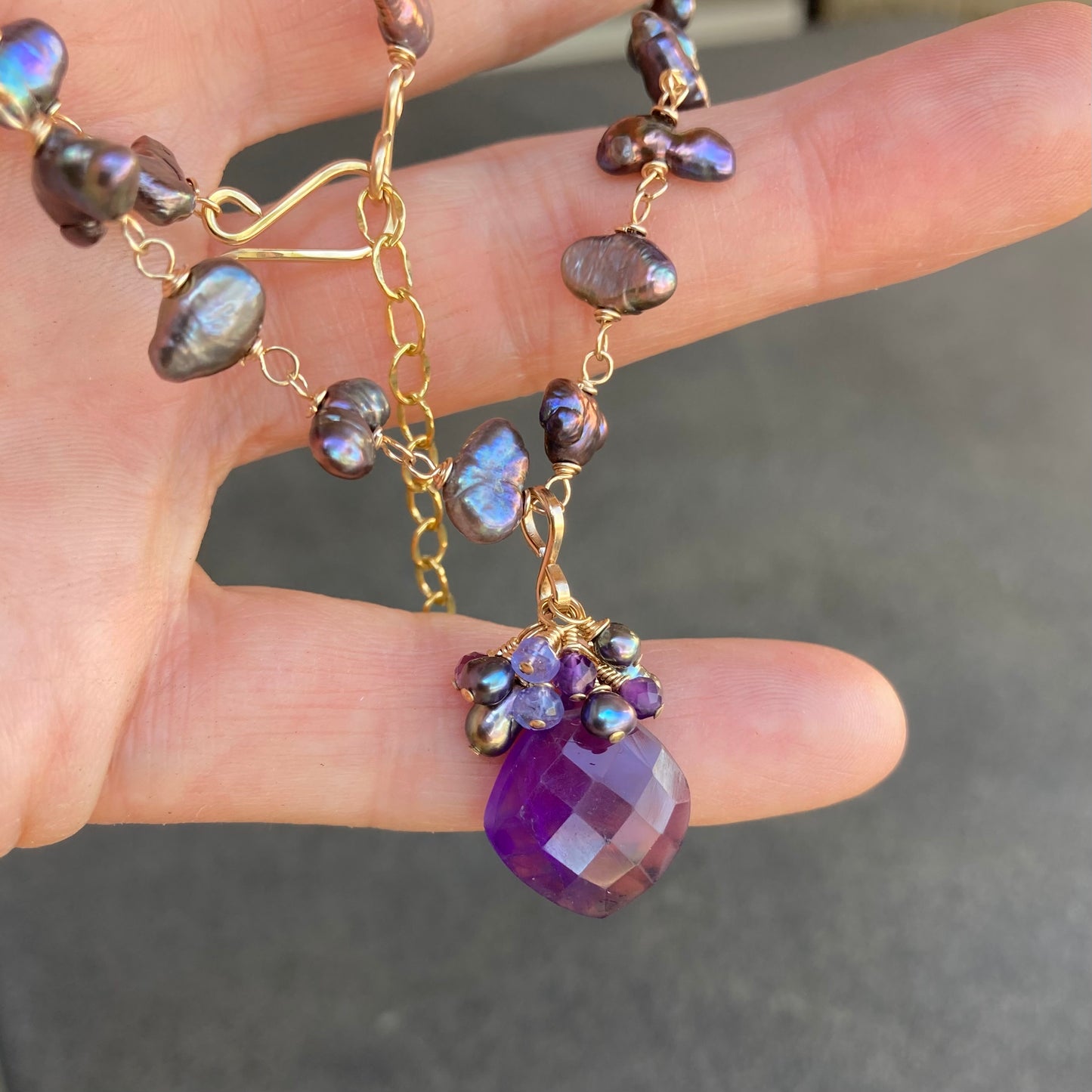 Amethyst, Freshwater Peacock Pearl & Gold Pendant Necklace