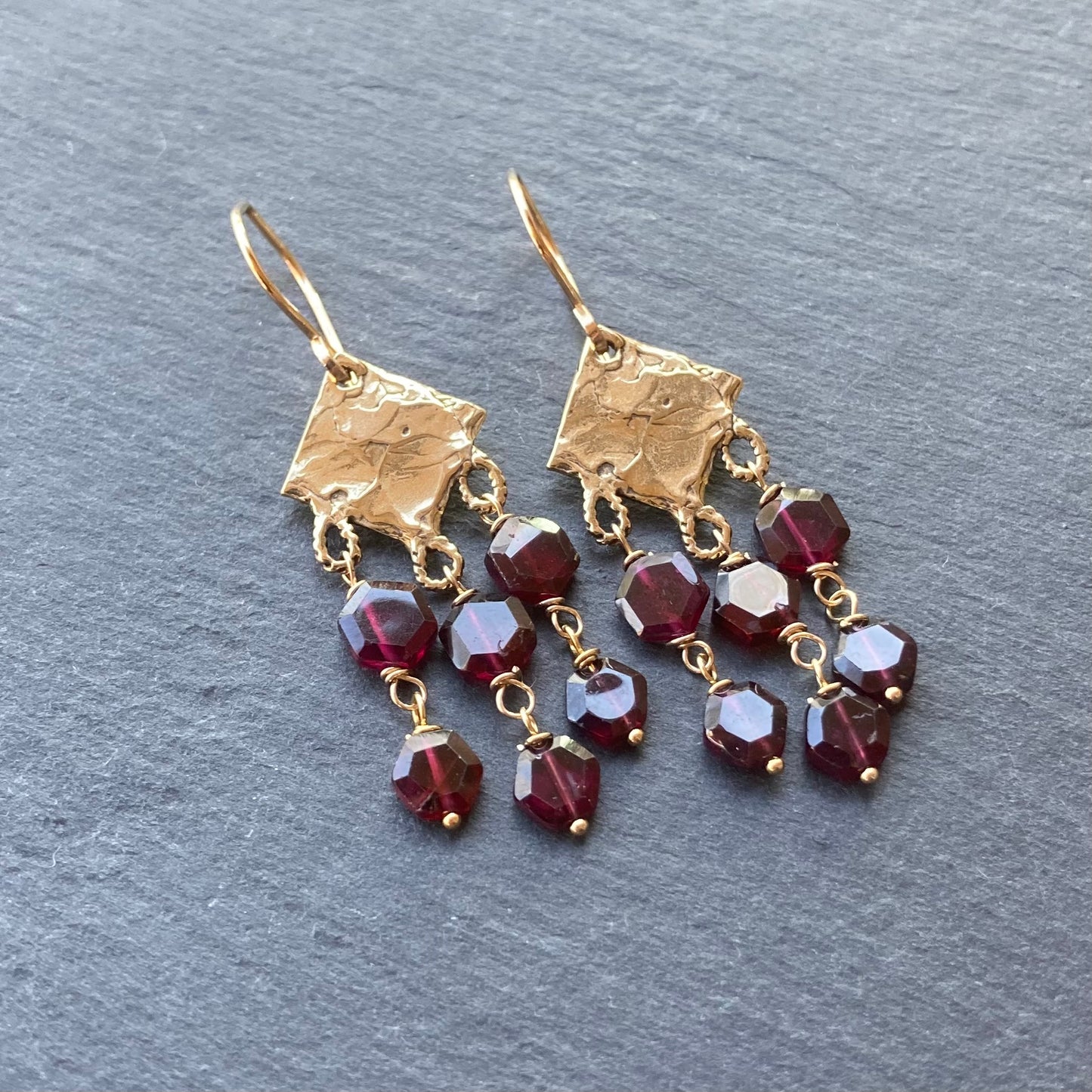 Rhodolite Garnet, Gold & Bronze Fringe Earrings