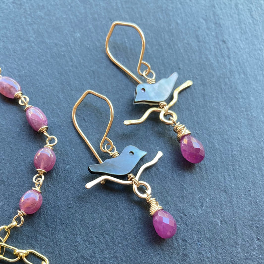 Black Mother of Pearl, Ruby & Gold Autumn Branches Earrings