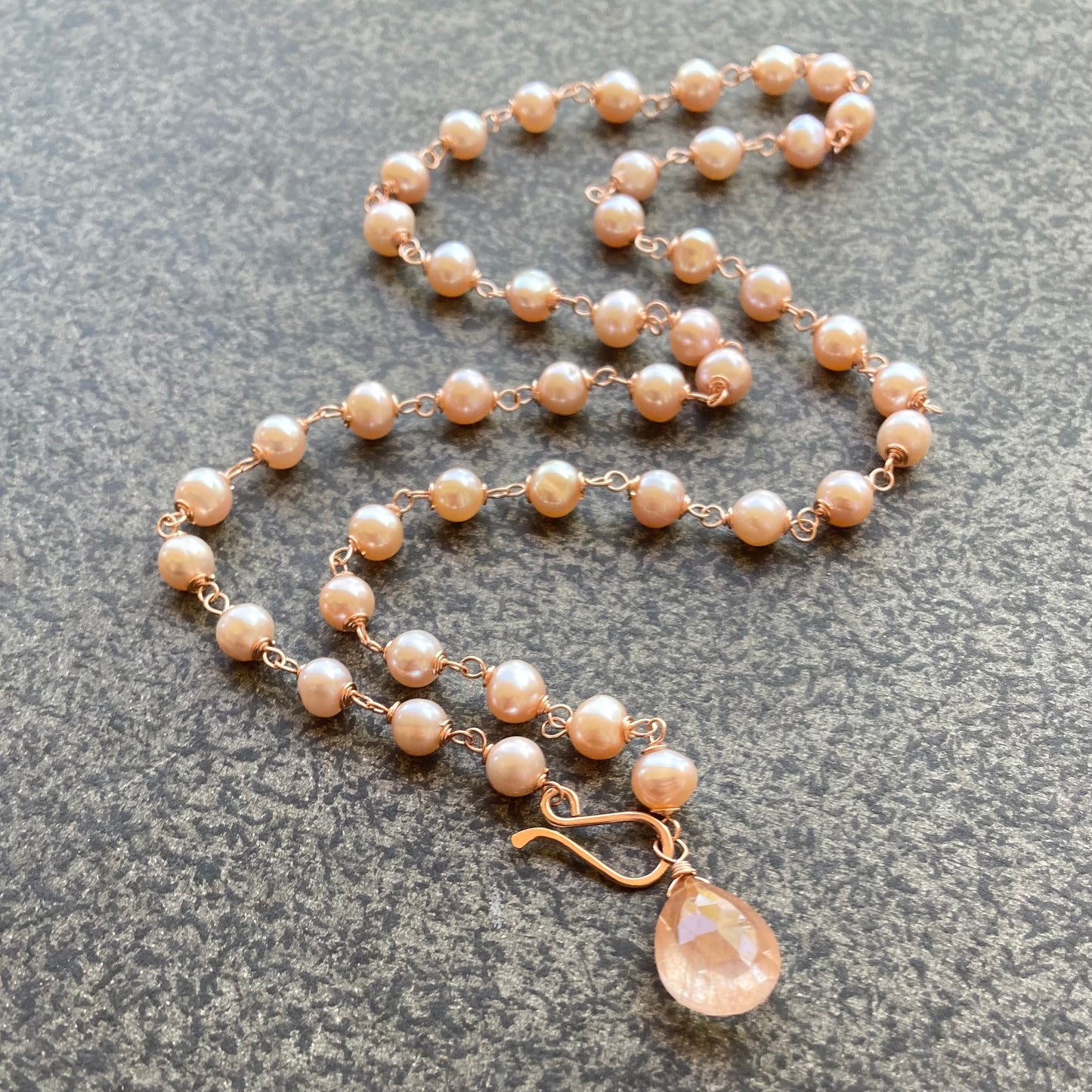 Pink Freshwater Pearl, Rose Gold & Copper Rutilated Quartz Convertible Pendant Necklace