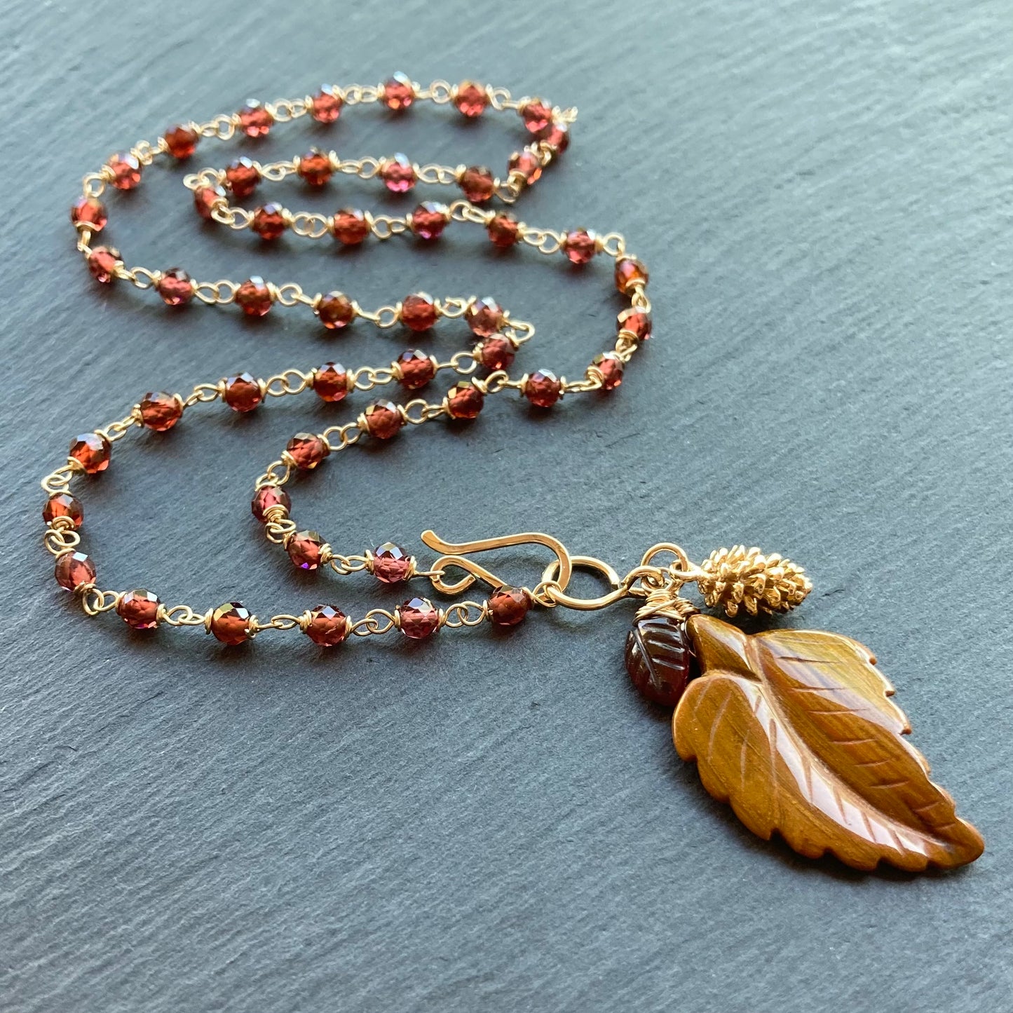 Malaya Garnet, Gold & Moroccan Agate Autumn Leaf Pendant Necklace