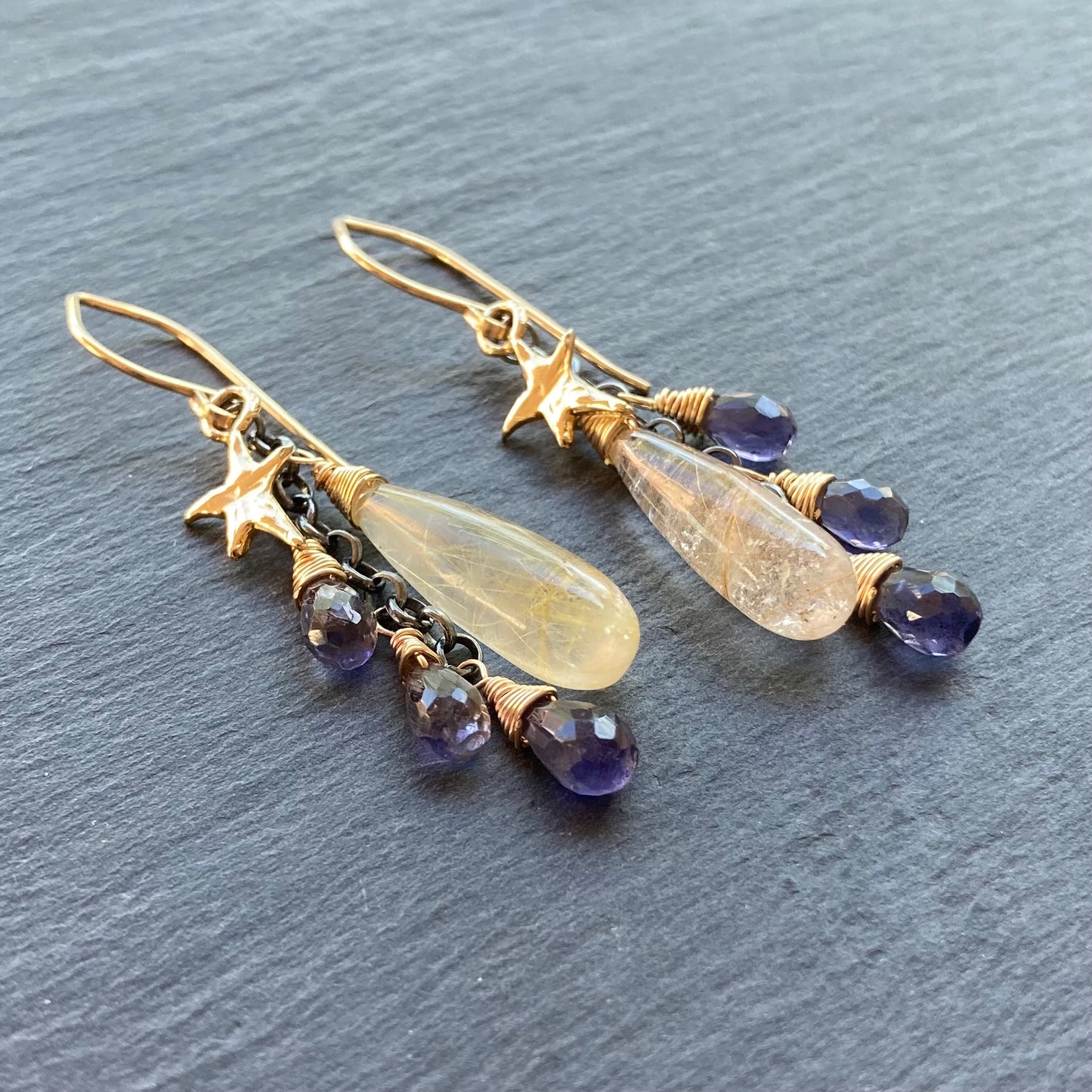Golden Rutilated Quartz, Iolite & Mixed Metal Autumn Sky Cascade Earrings