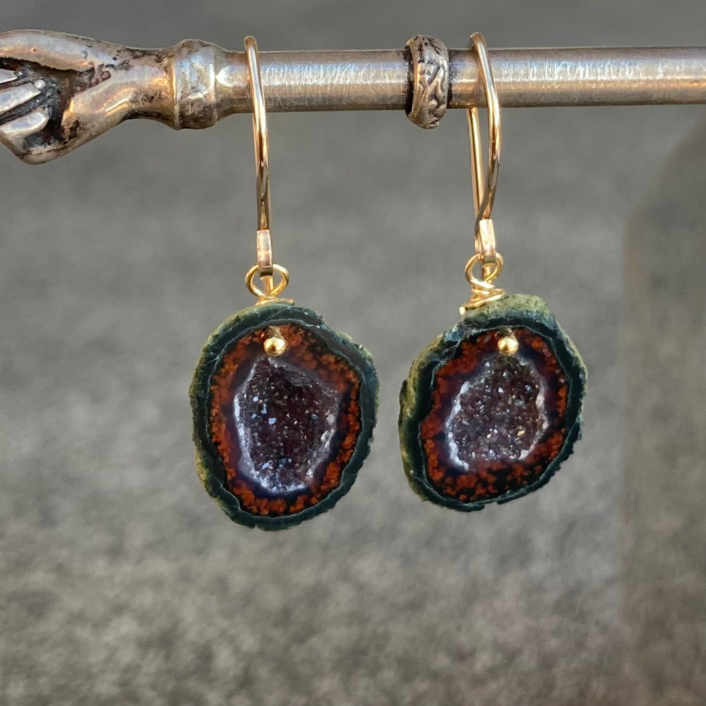 Red Druzy Tabasco Geode & Gold Earrings