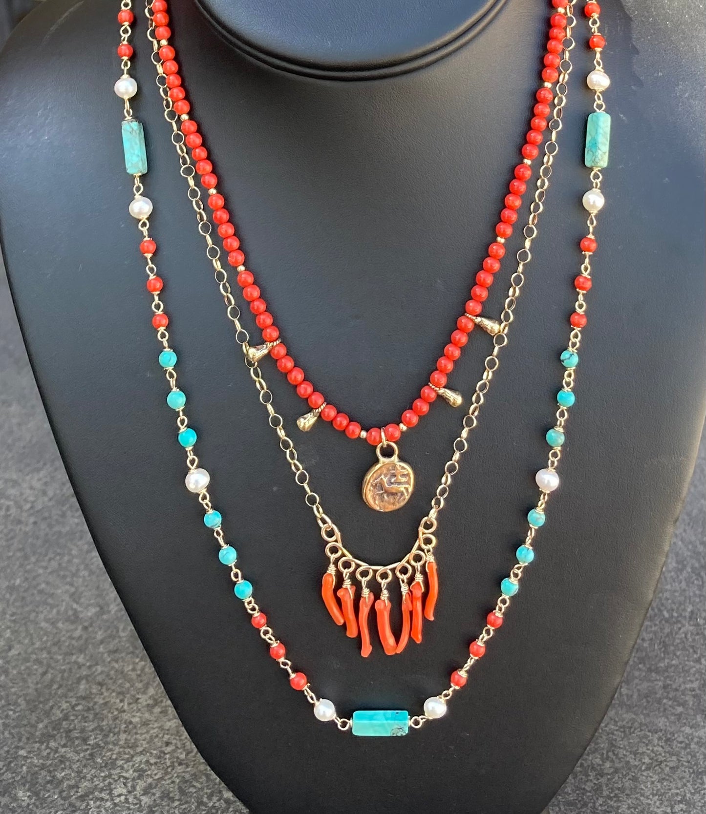 Natural Coral, Turquoise, Freshwater Pearl & Gold Necklace