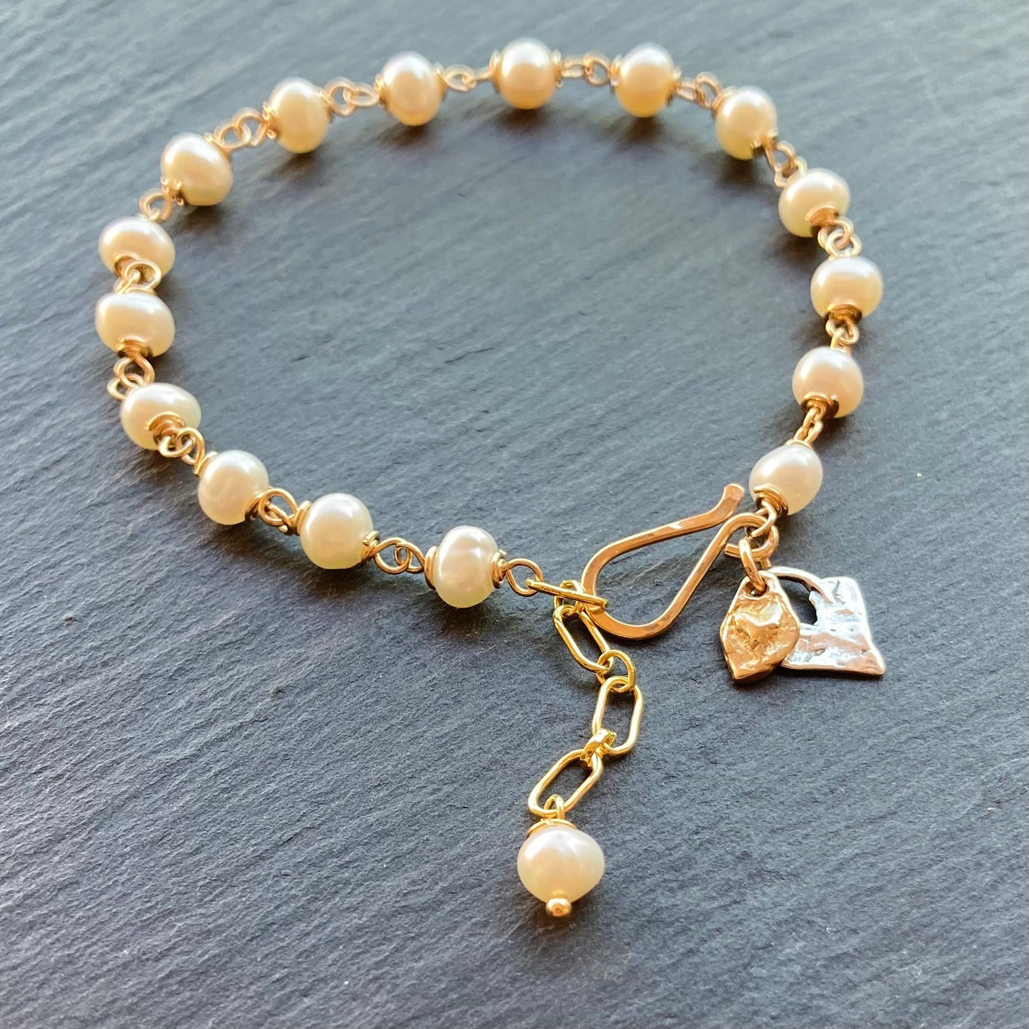 Freshwater Pearl, Gold & Mixed Metal Heart Charm Bracelet
