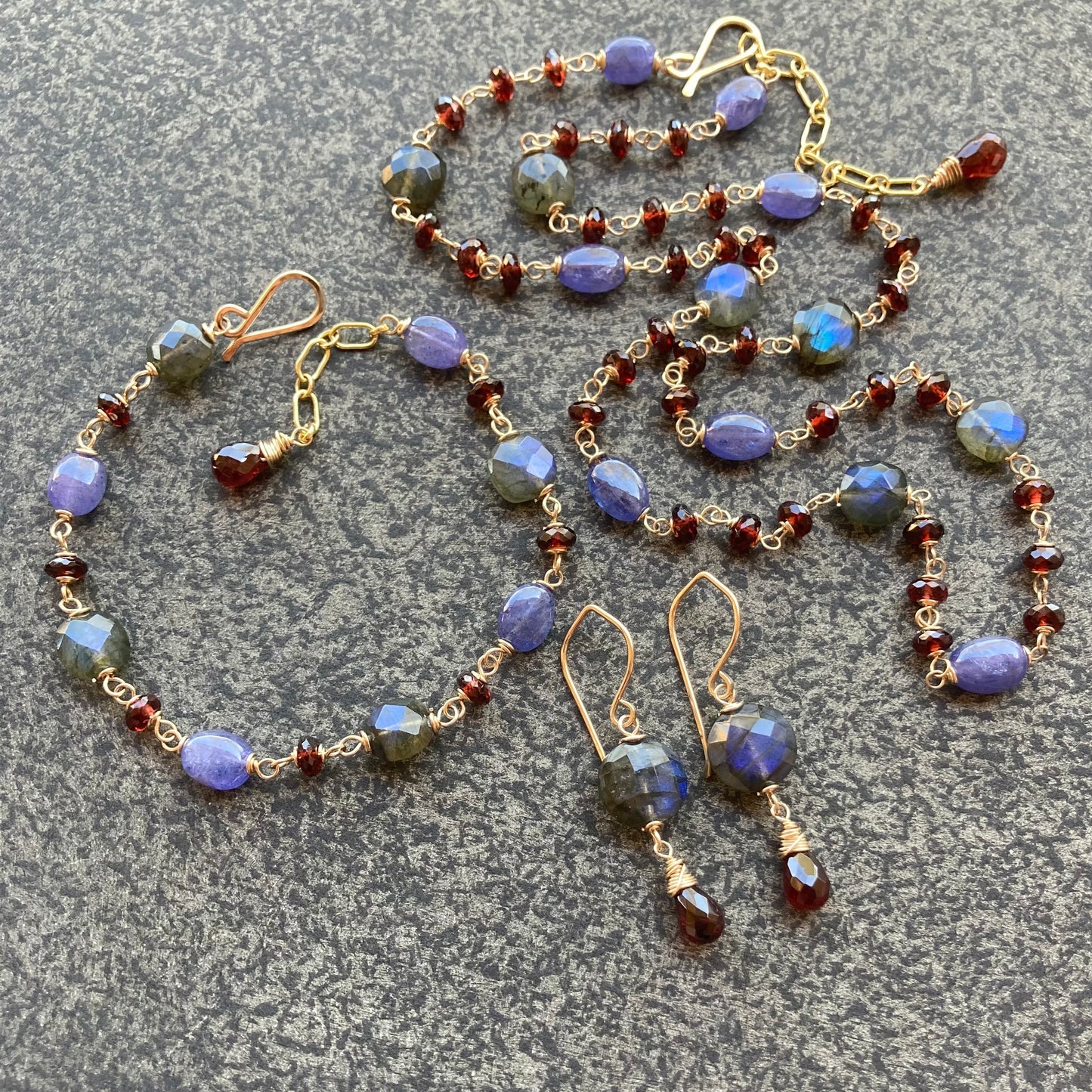Labradorite, Mozambique Garnet & Gold Earrings