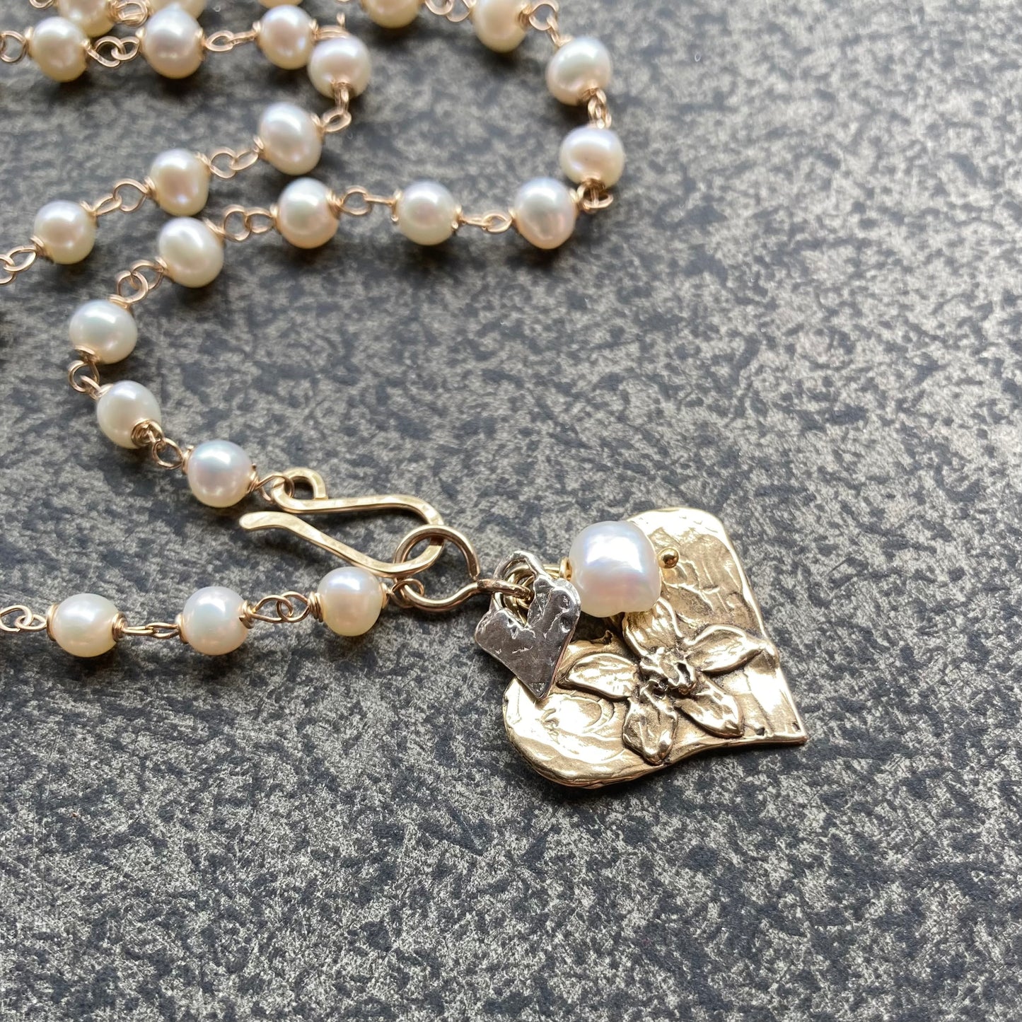 Vintage Freshwater Pearl & Mixed Metal Heart Charm Necklace