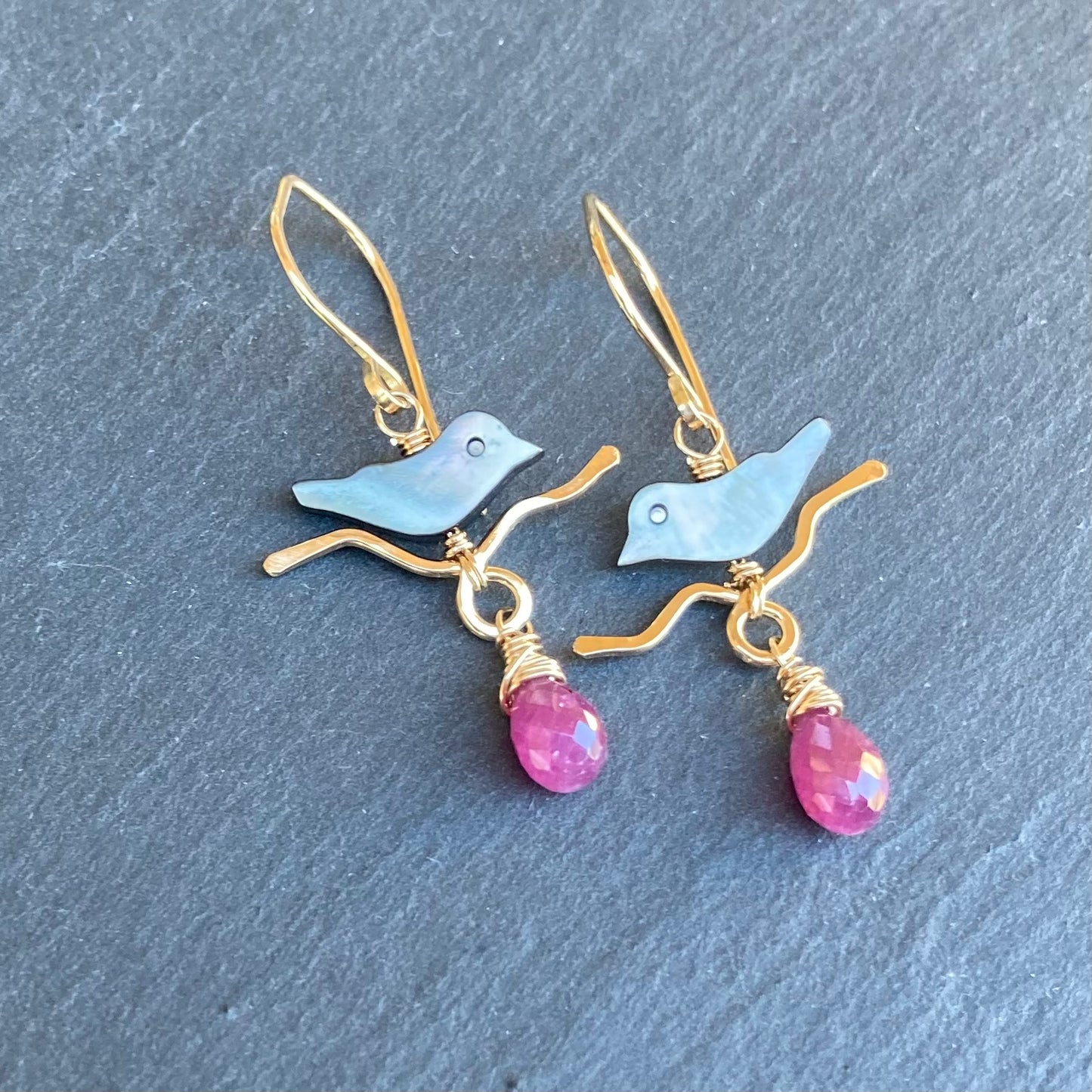 Black Mother of Pearl, Ruby & Gold Autumn Branches Earrings