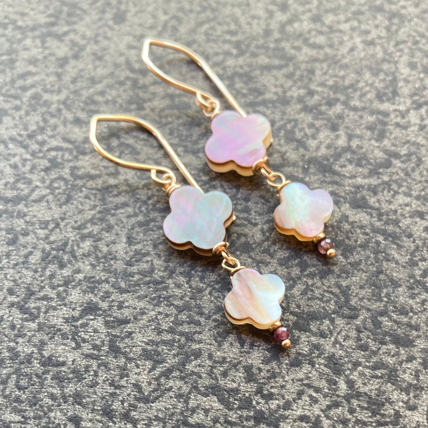 Black Mother of Pearl, Ruby & Gold Clover Earrings