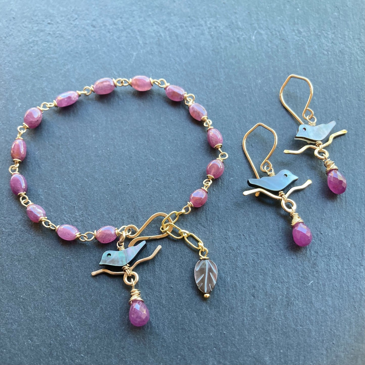 Black Mother of Pearl, Ruby & Gold Autumn Branches Earrings