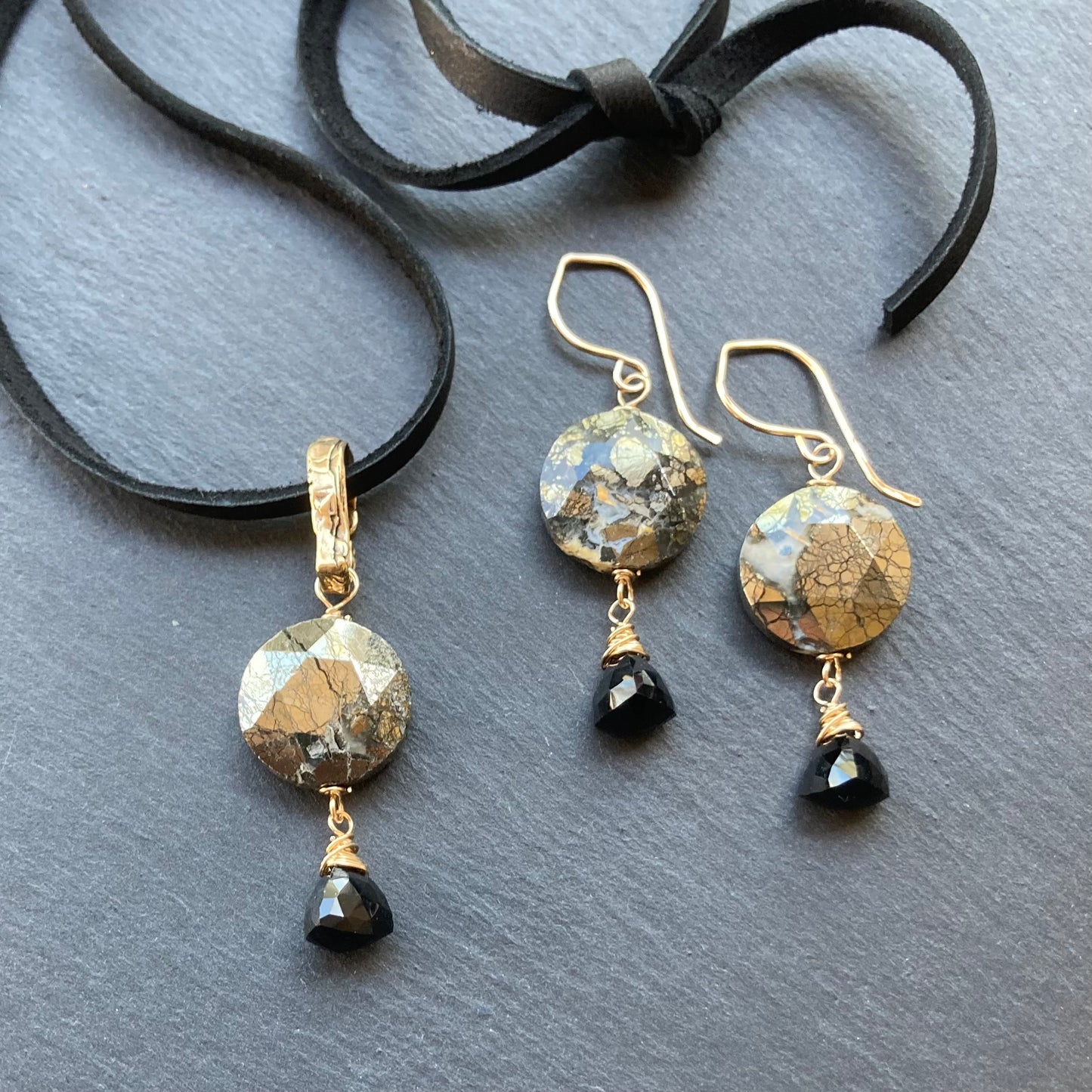 Nipomo Marcasite in Agate, Black Onyx & Bronze Deerskin Leather Choker