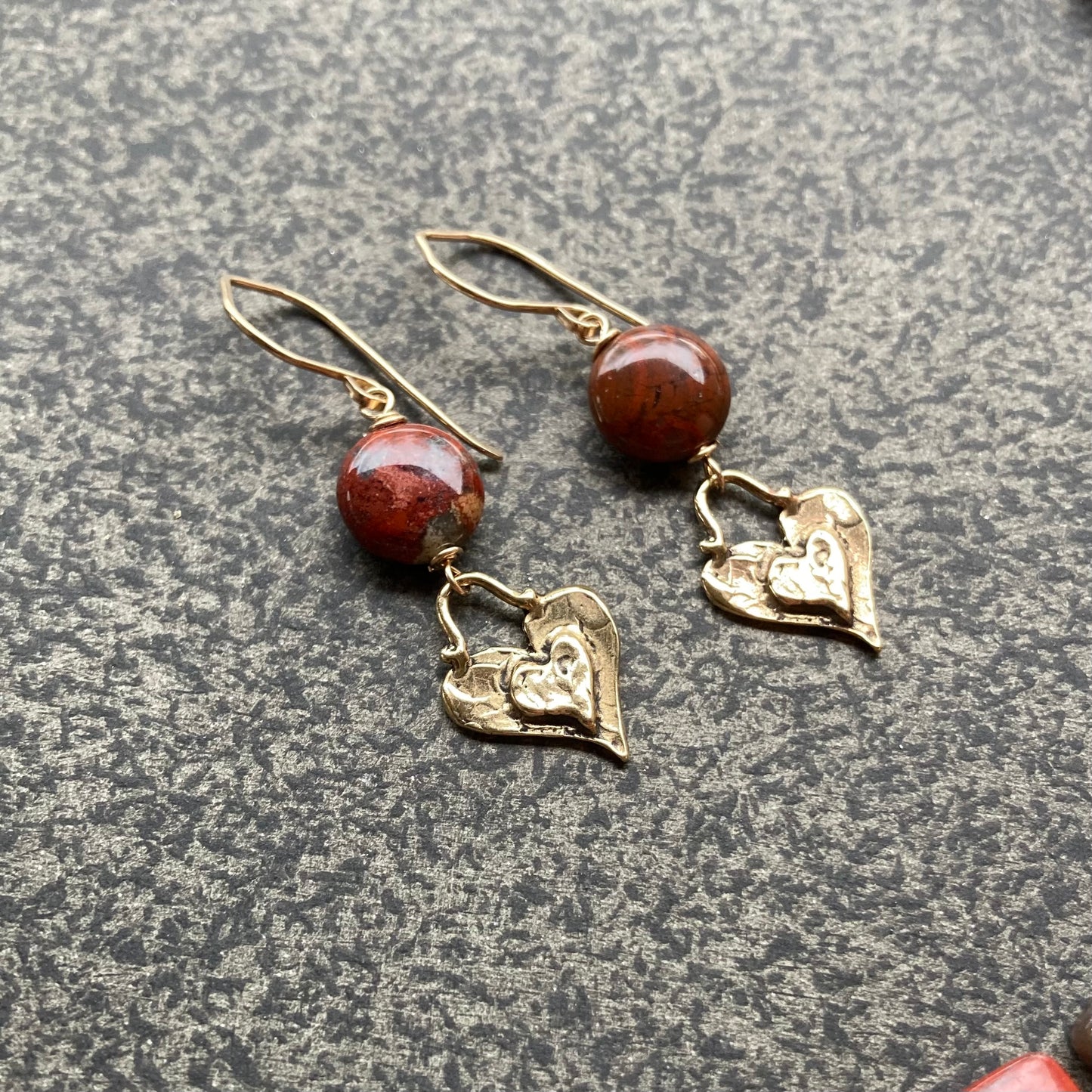 Apple Jasper, Gold & Bronze Heart Earrings