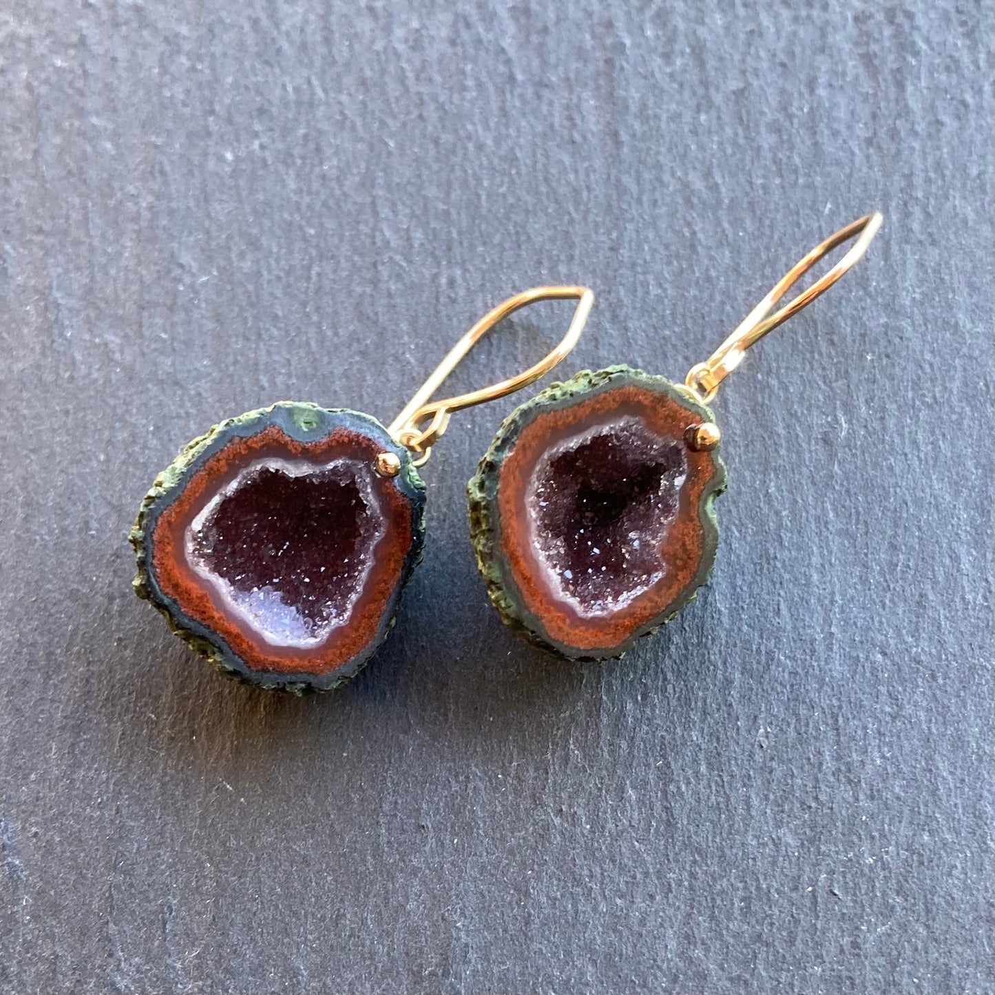 Red Druzy Tabasco Geode & Gold Earrings