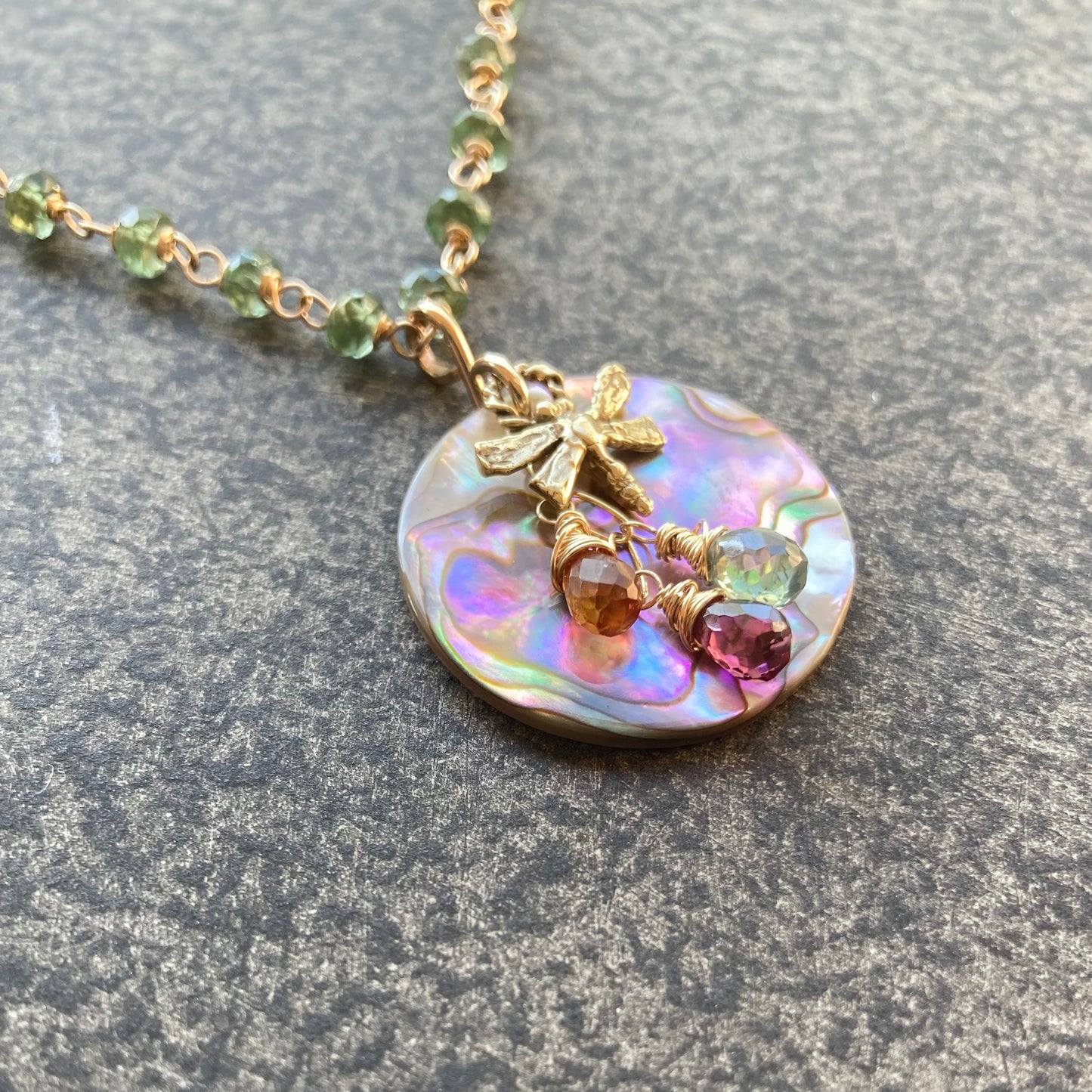Green Apatite, Gold, Vintage Abalone & Bronze Dragonfly Reflection Pendant Necklace