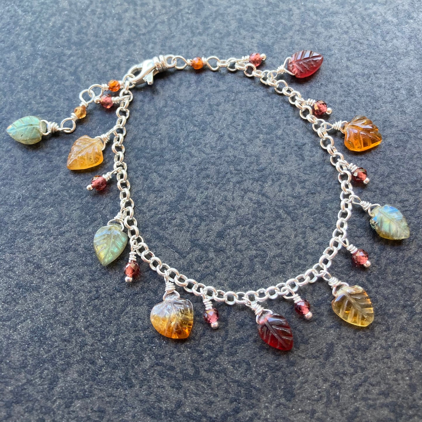 Multi Gemstone & Sterling Silver Dancing Leaves Charm Bracelet