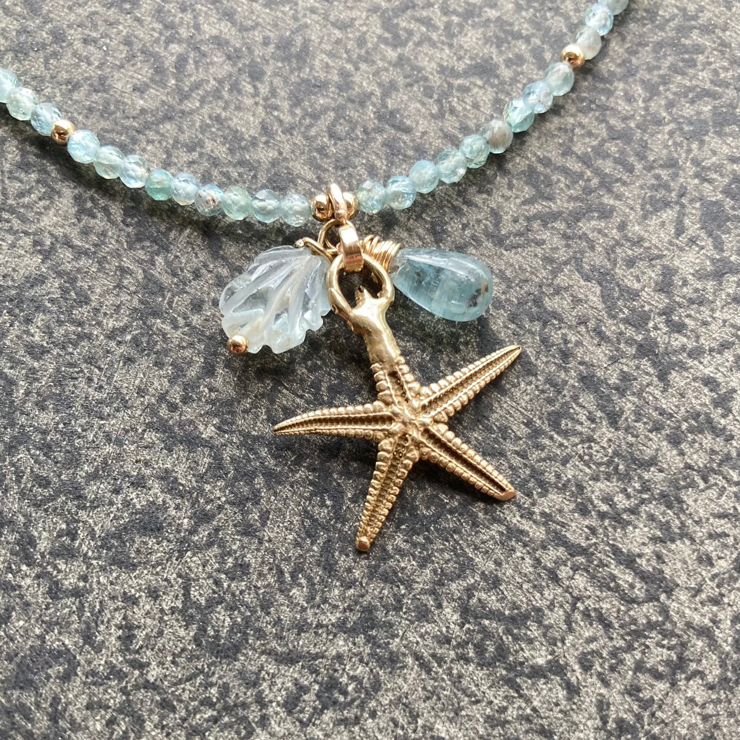 Aqua Apatite, Gold & Bronze Sea Star Charm Necklace