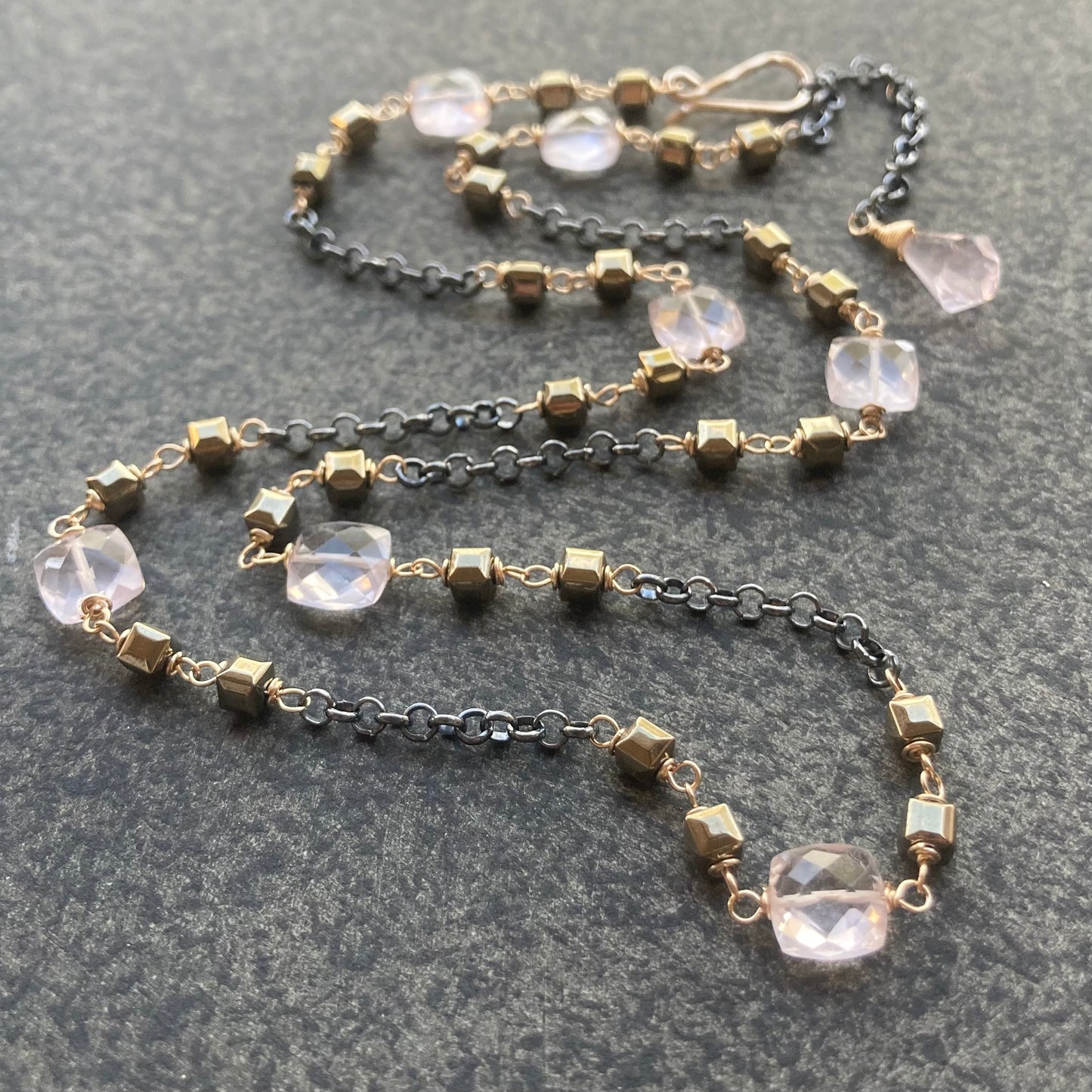 Rose Quartz, Pyrite & Mixed Metal Convertible Necklace