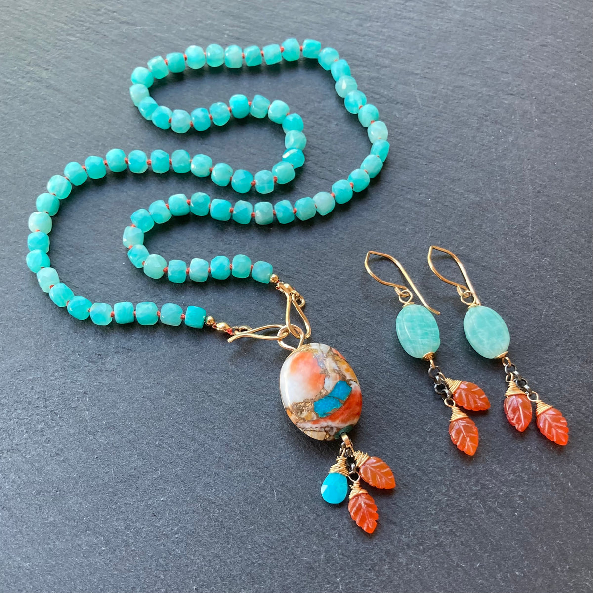 Amazonite, Carnelian & Mixed Metal Earrings