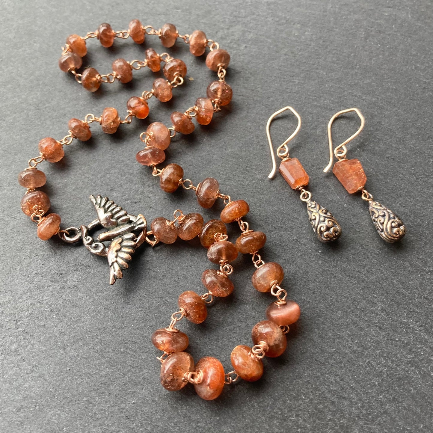 Sunstone, Rose Gold & Shibuichi Drop Earrings