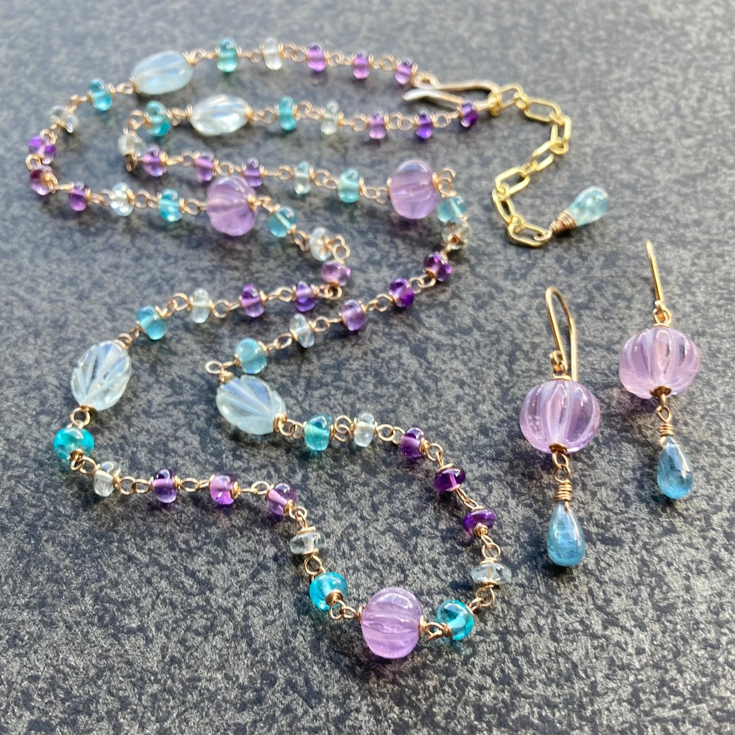 Amethyst, Aquamarine, Sky Blue Apatite & Gold Necklace