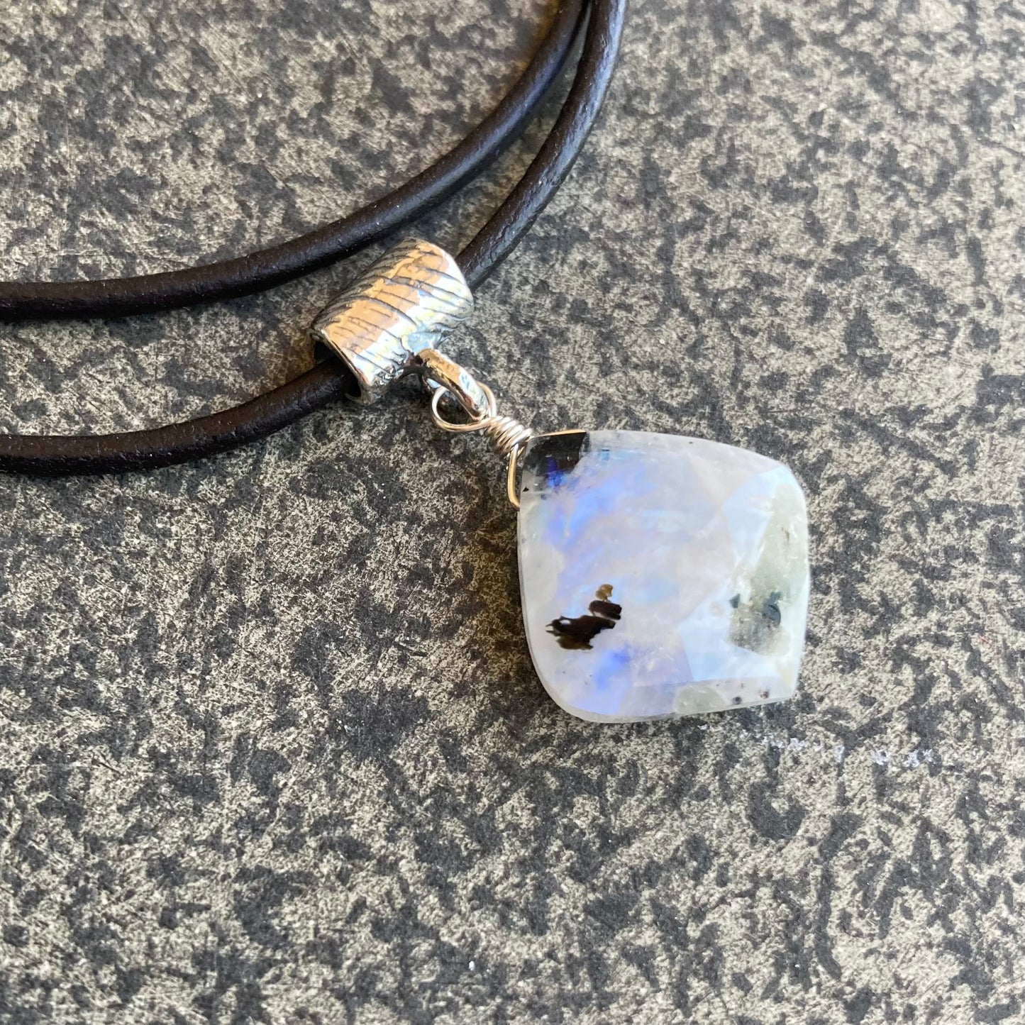Tourmalinated Rainbow Moonstone & Sterling Silver Leather Choker
