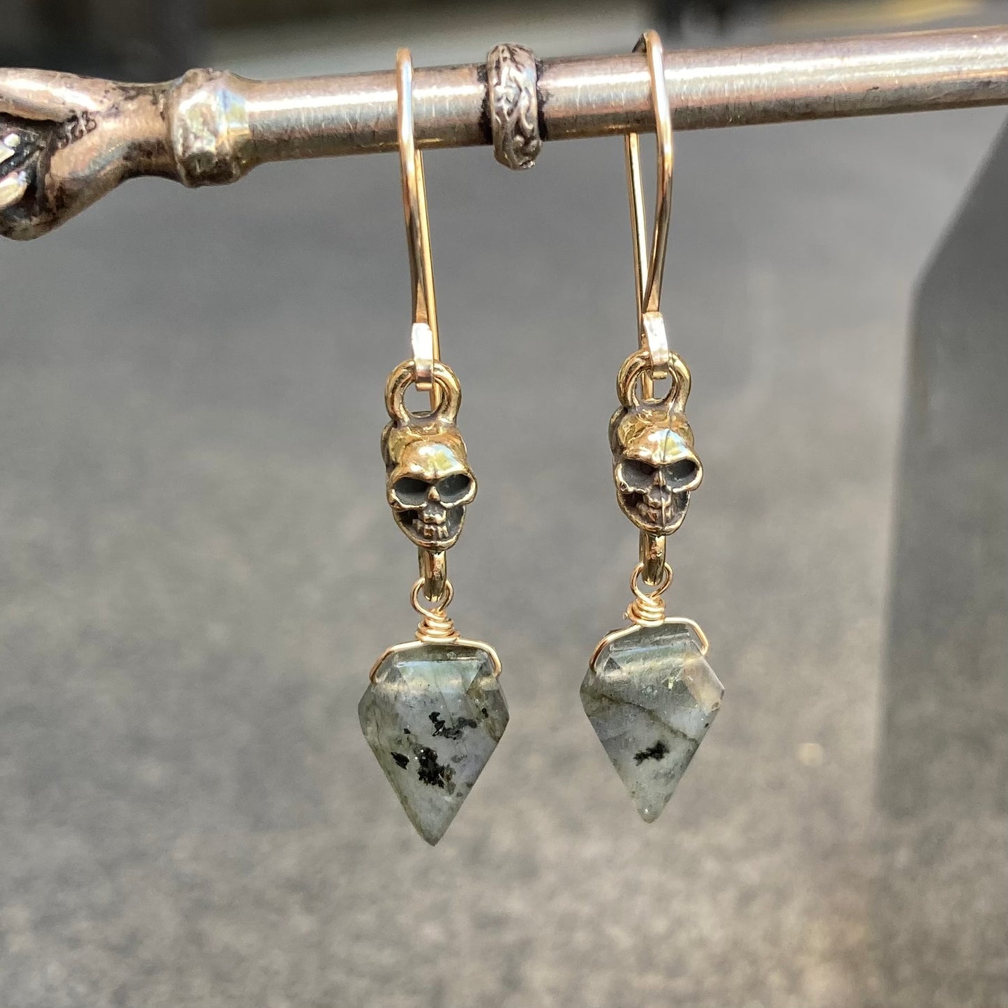 Labradorite, Gold & Bronze Skull Earrings