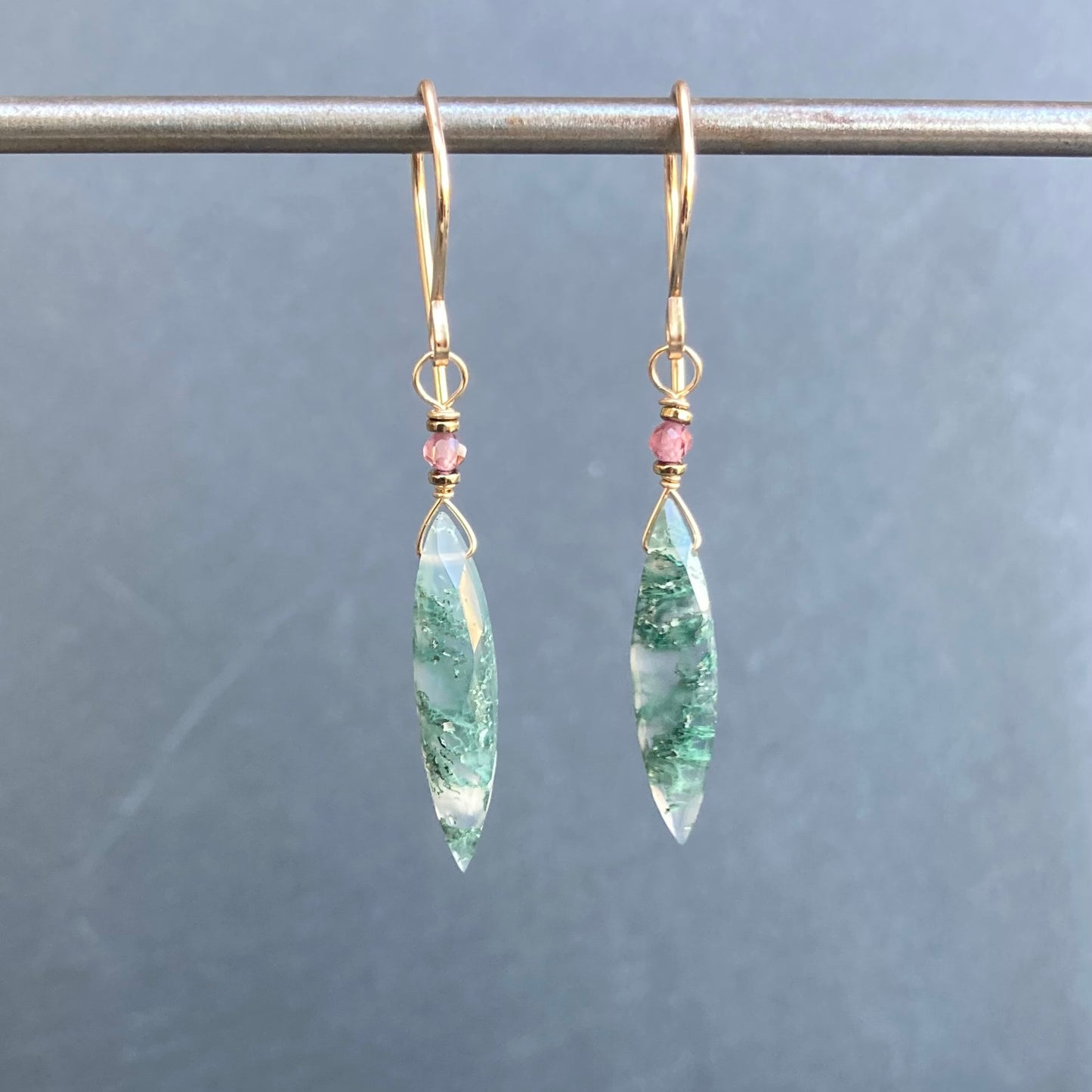 Moss Agate & Gold Marquis Earrings