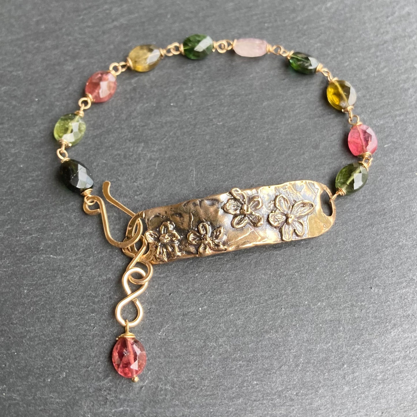 Multicolor Tourmaline, Gold & Bronze Flower Link Bracelet