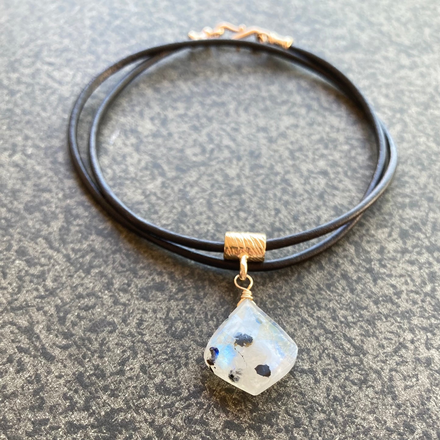 Tourmalinated Rainbow Moonstone & Bronze Leather Choker