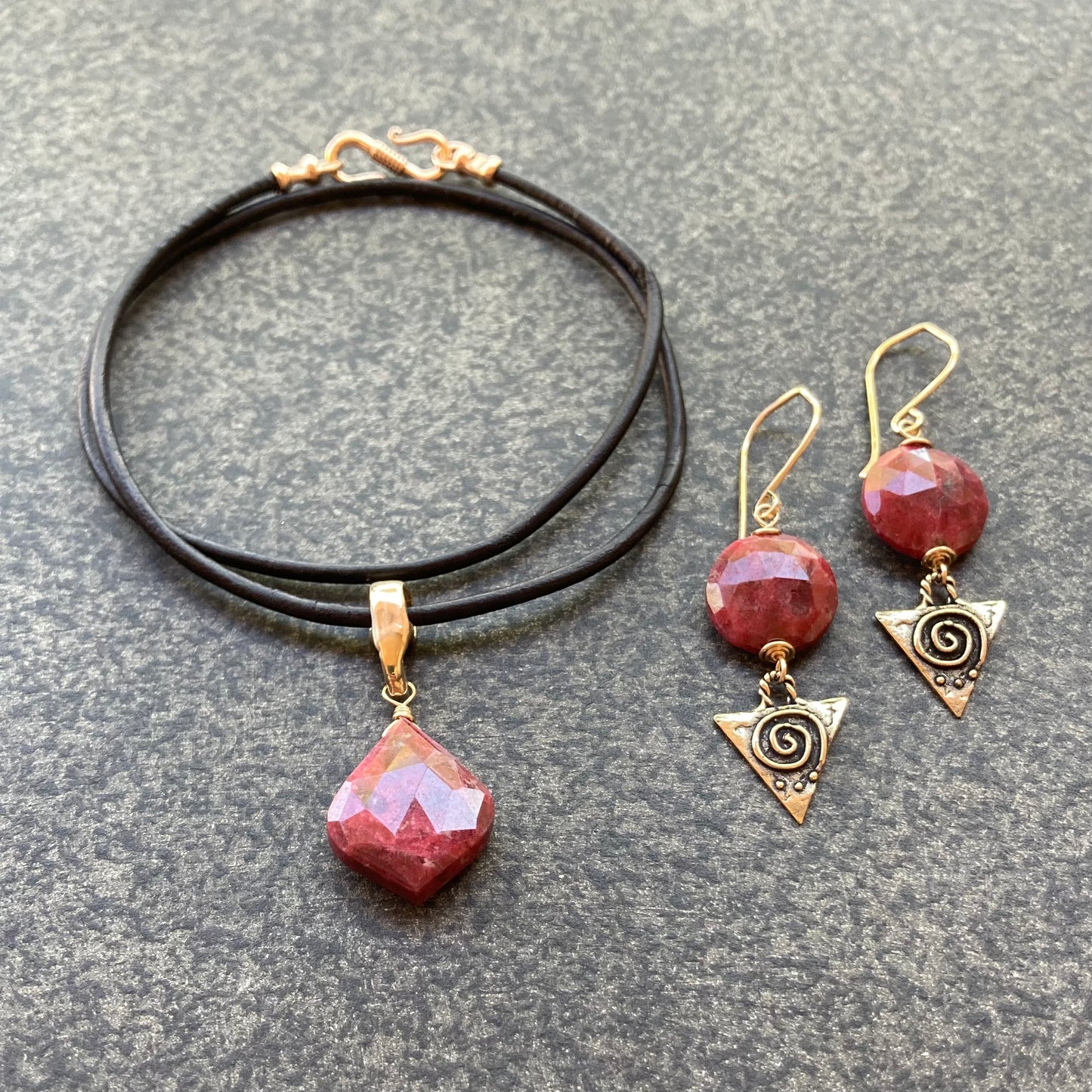 Thulite, Gold & Bronze Spiral Triangle Earrings