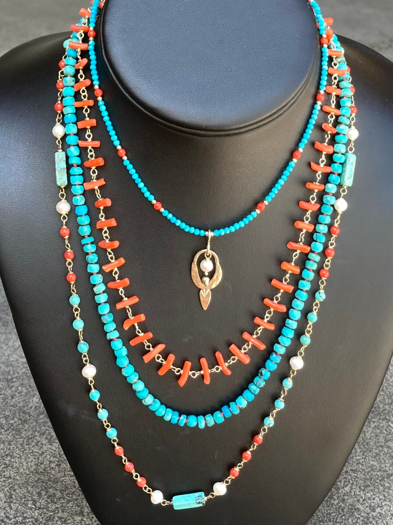 Sleeping Beauty Turquoise, Italian Coral, Gold & Bronze Goddess Pendant Choker