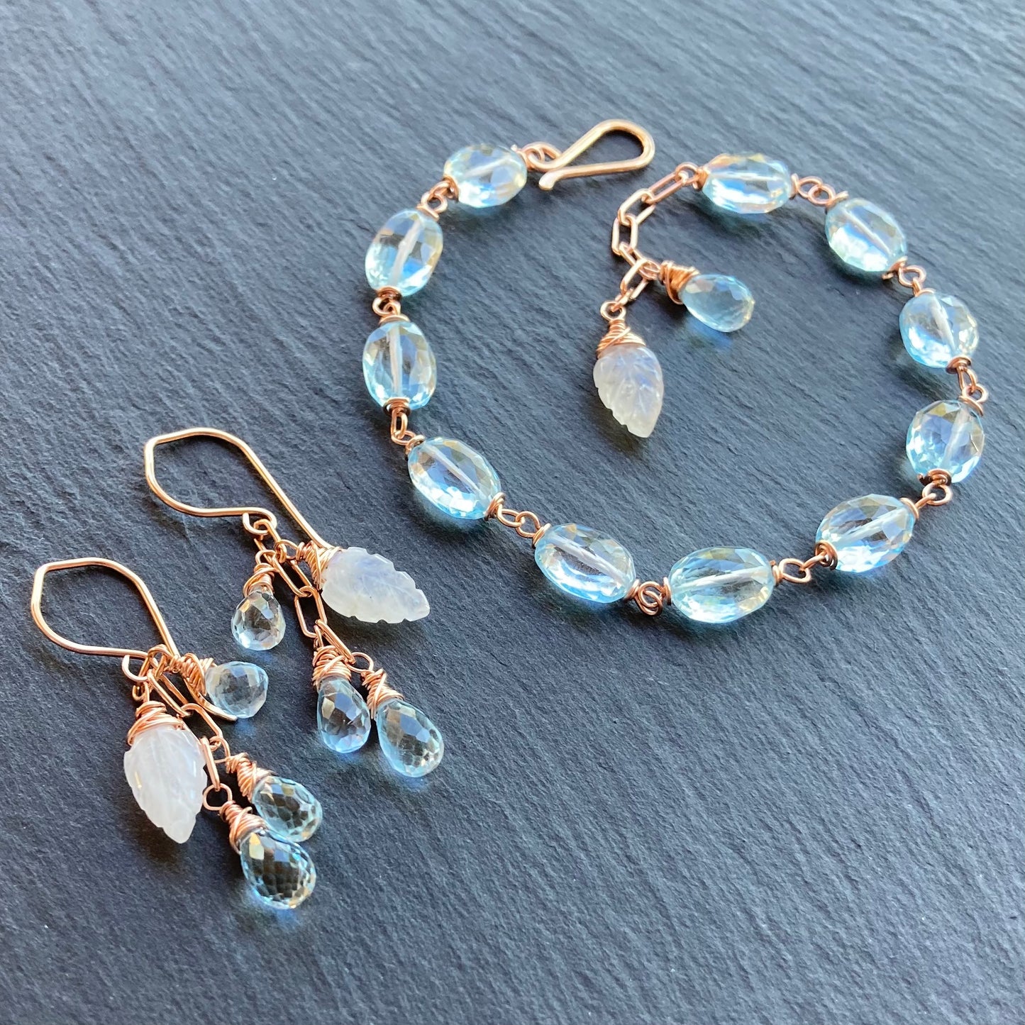Blue Topaz, Rainbow Moonstone & Rose Gold Cascade Earrings