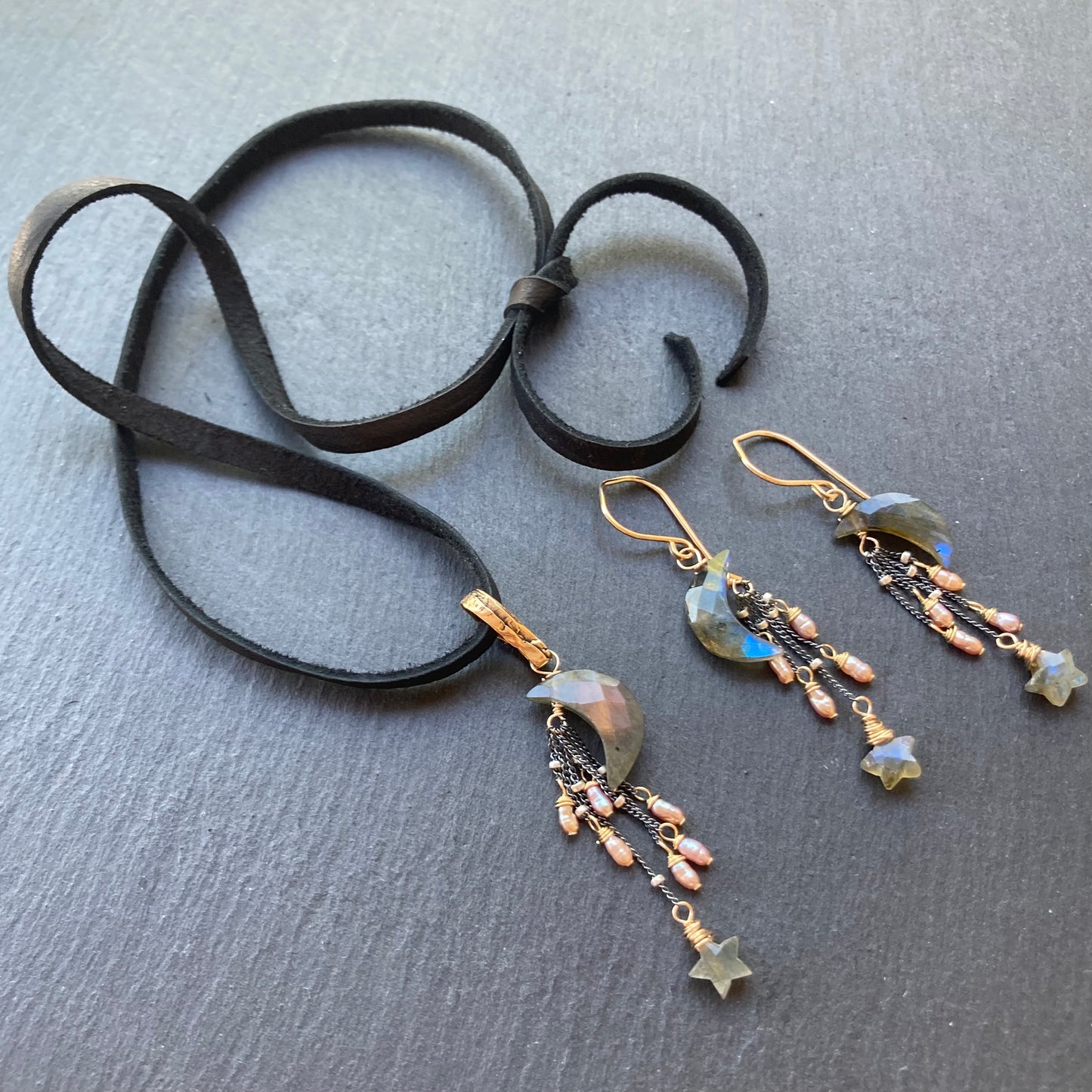 Labradorite, Mauve Pearl & Mixed Metal Falling Star Earrings