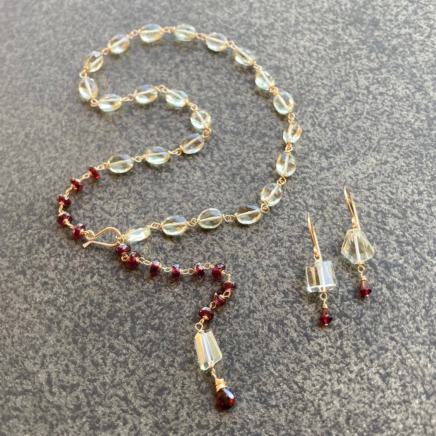 Prasiolite, Rhodolite & Gold Earrings