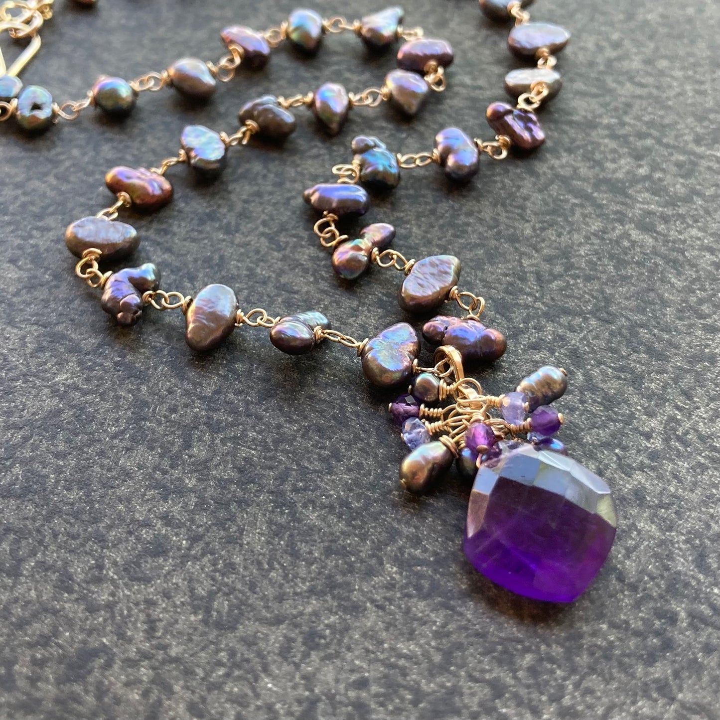 Amethyst, Freshwater Peacock Pearl & Gold Pendant Necklace