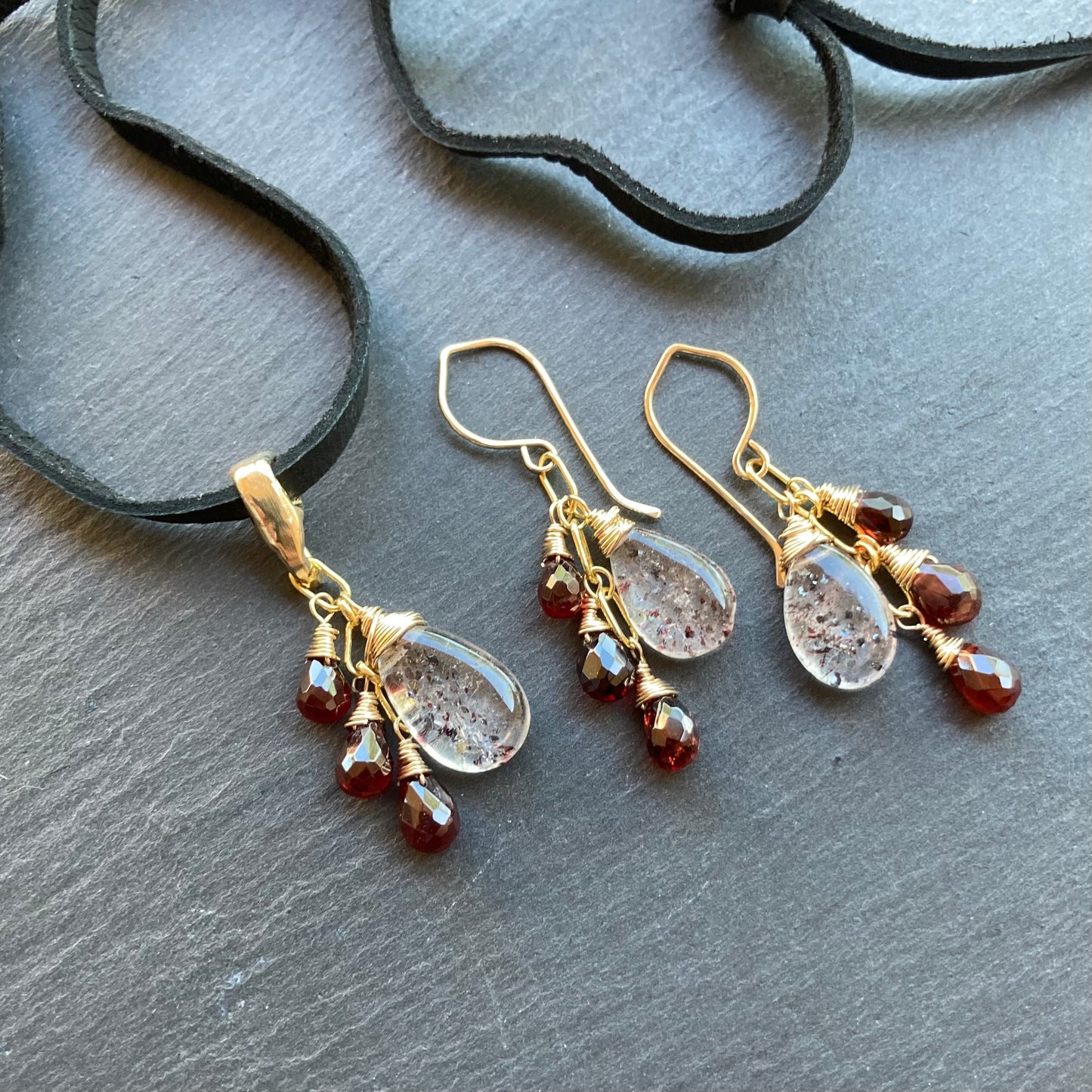 Lepidocrocite, Mozambique Garnet, Gold & Bronze Deertan Leather Choker
