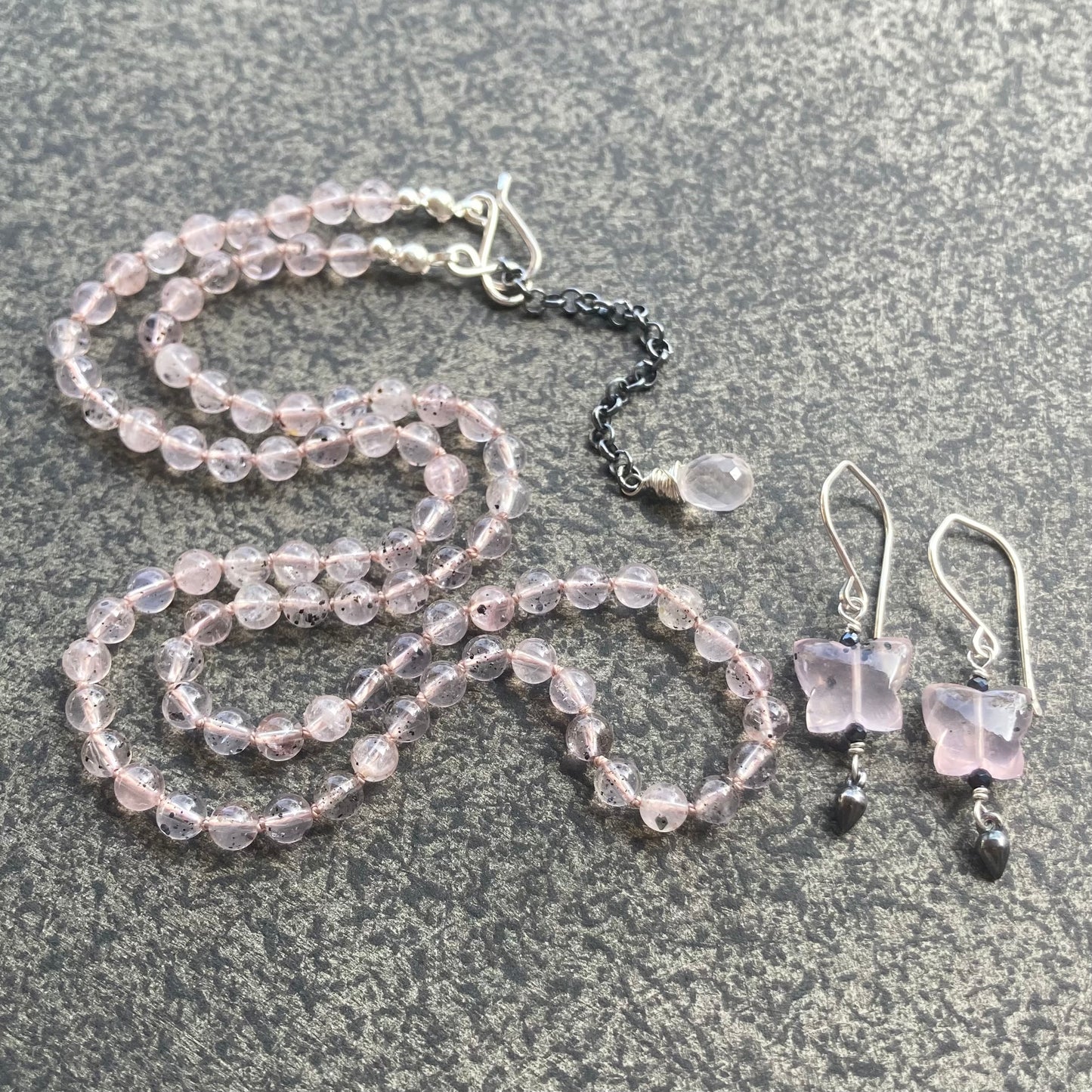 Hematite in Rose Quartz Hand Knotted Blush Silk Necklace