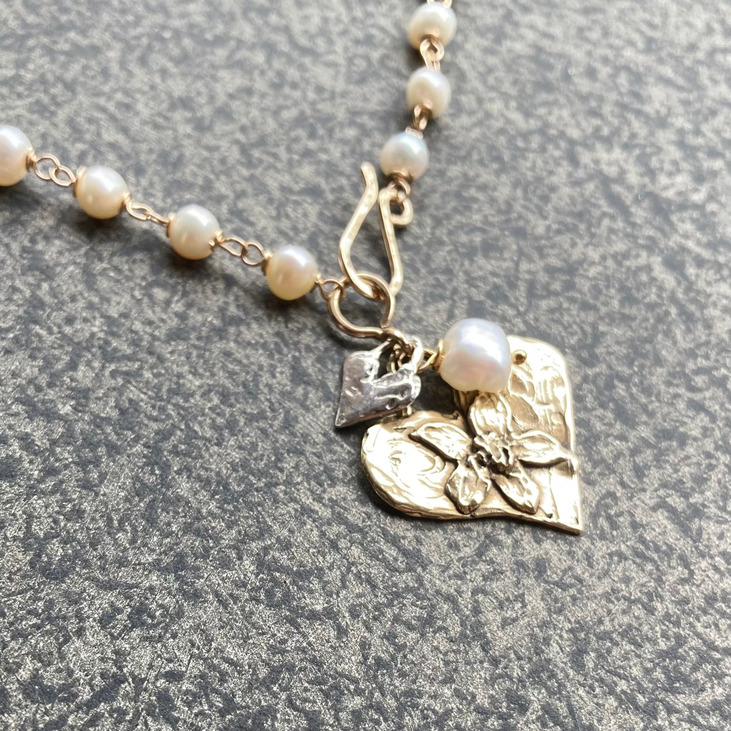 Vintage Freshwater Pearl & Mixed Metal Heart Charm Necklace