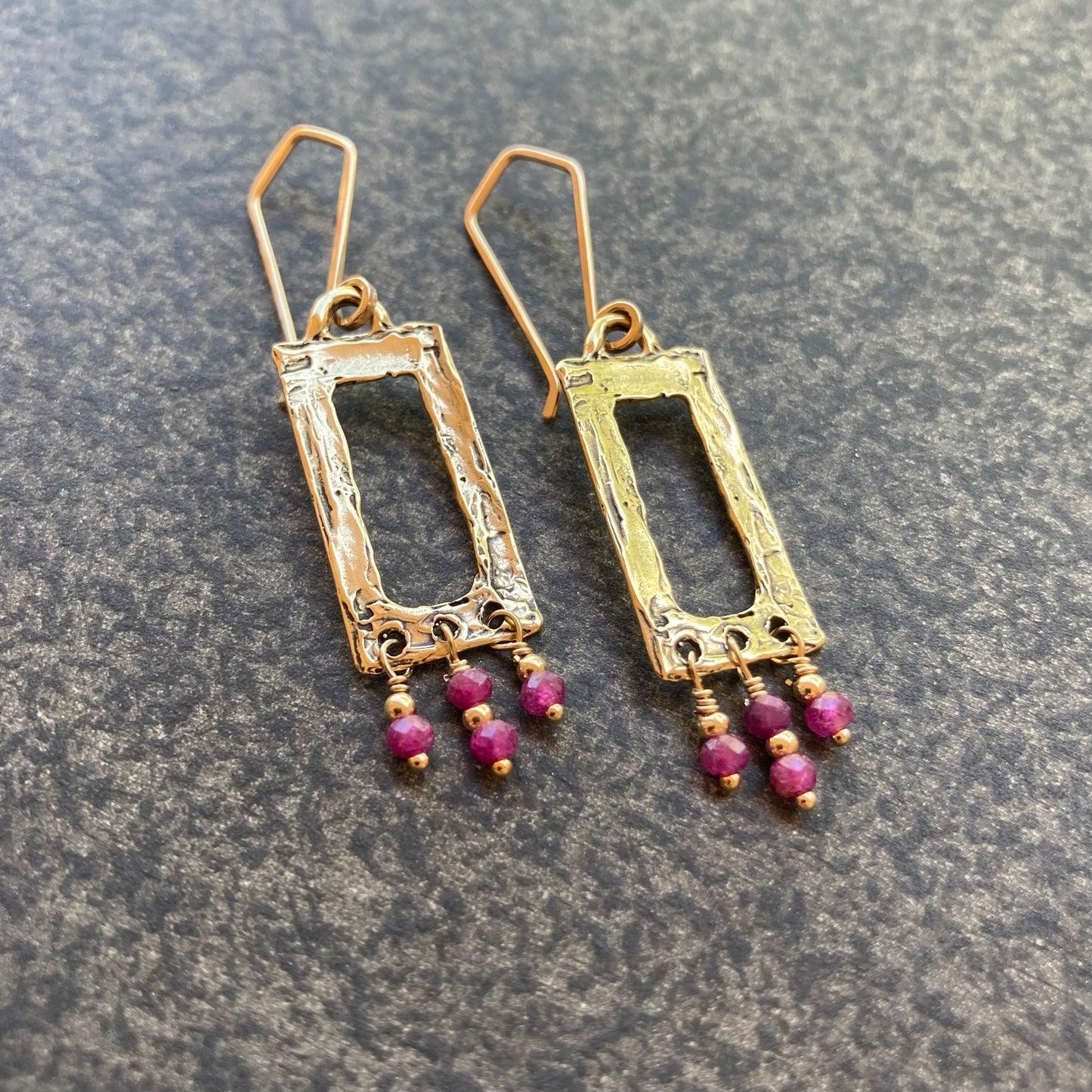 Natural Ruby, Gold & Bronze Fringe Rectangle Hoops