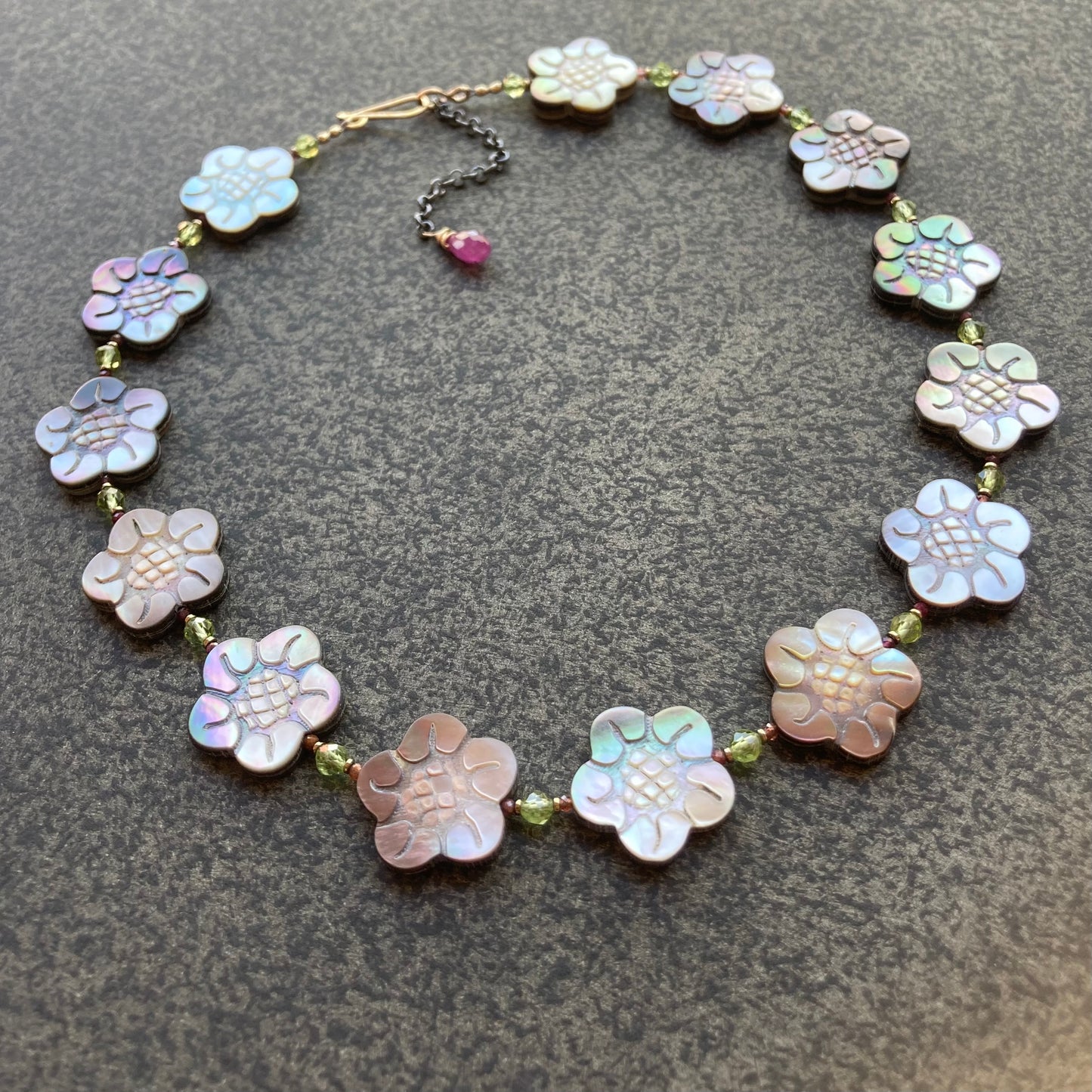 Black Mother of Pearl, Peridot, Ruby & Mixed Metal Cherry Blossom Collar