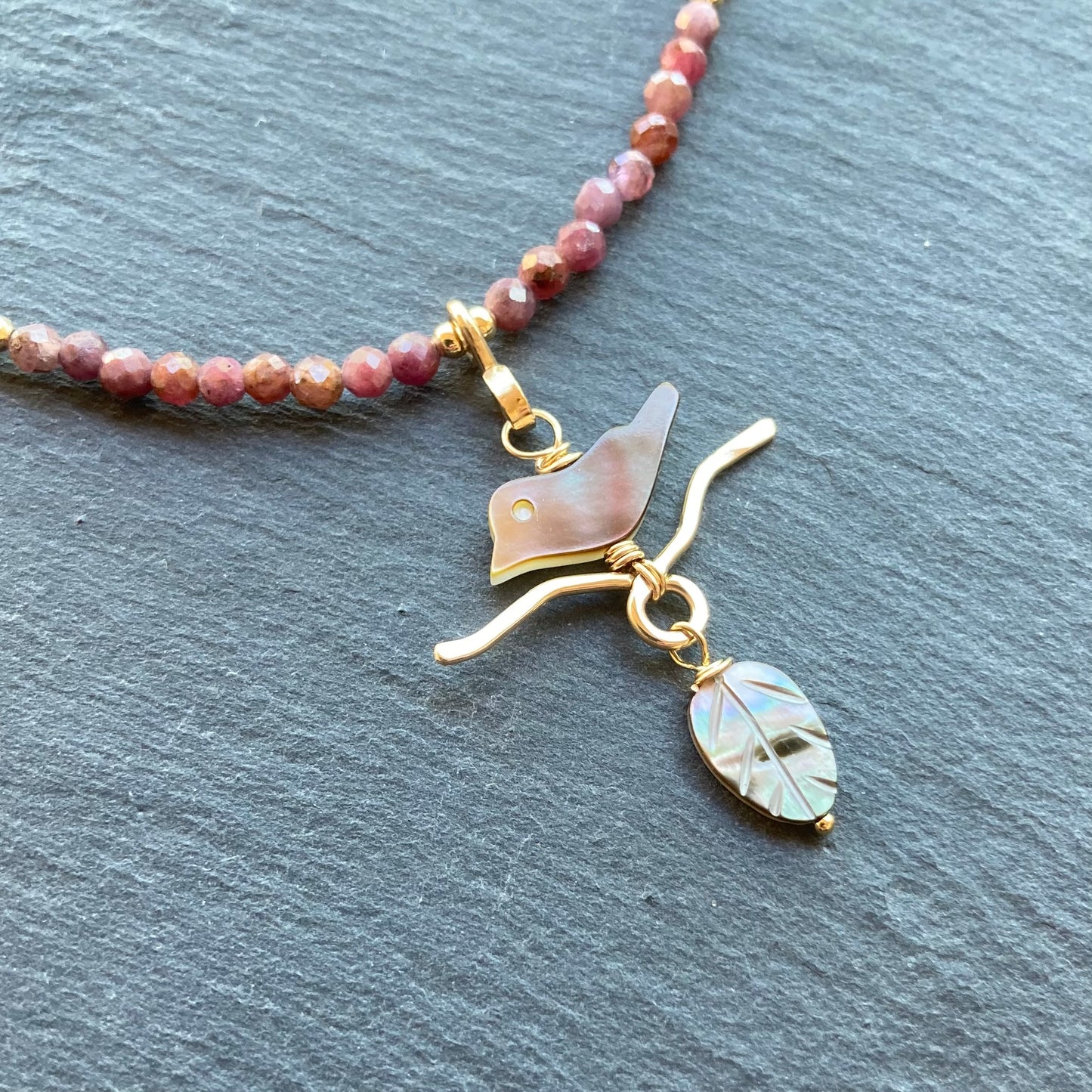 Black Mother of Pearl, Natural Ruby & Gold Autumn Branches Choker