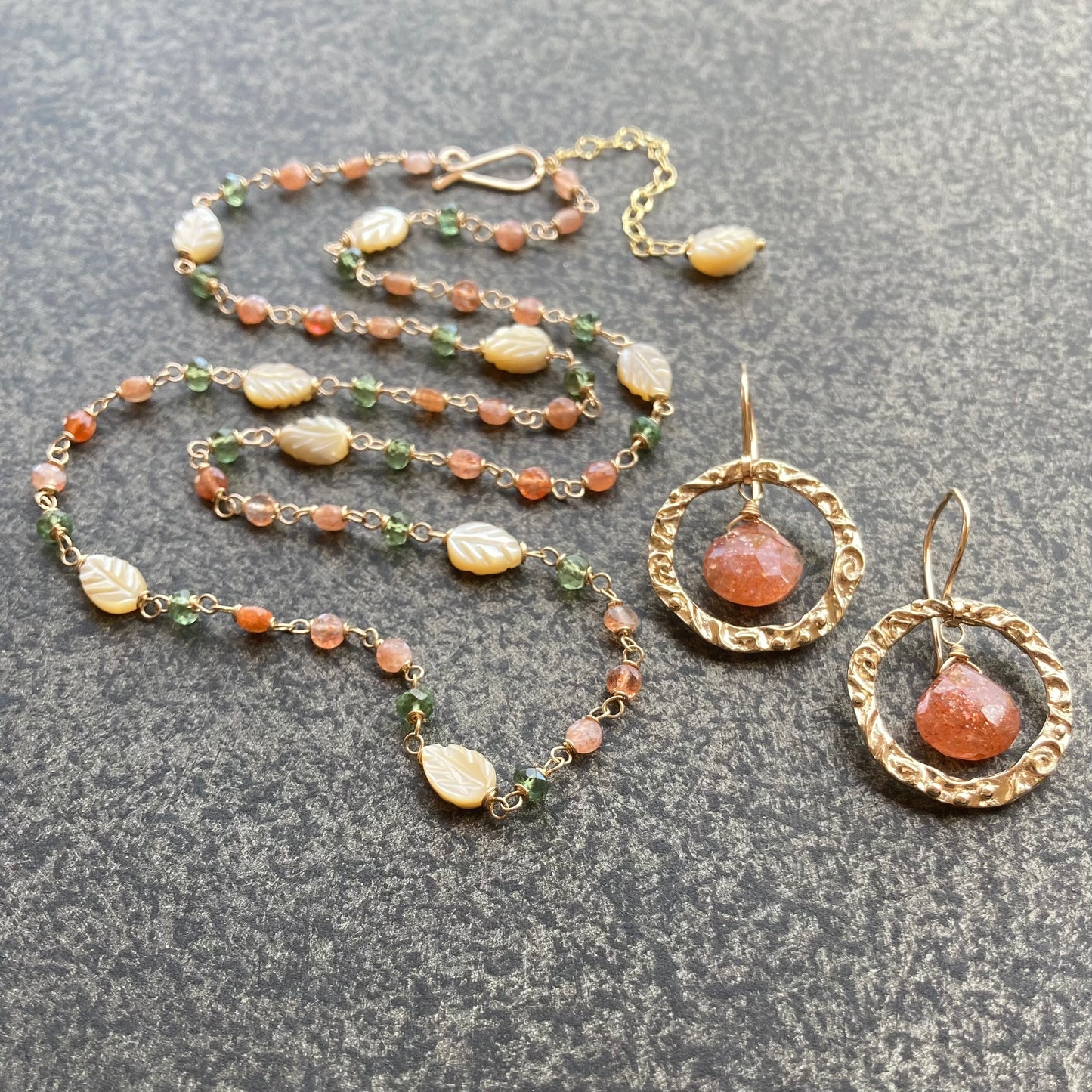 Oregon Sunstone, Green Apatite, Mother of Pearl & Gold Necklace
