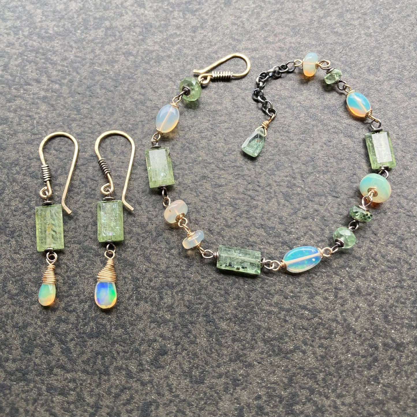 Ethiopian Opal, Green Kyanite & Mixed Metal Earrings