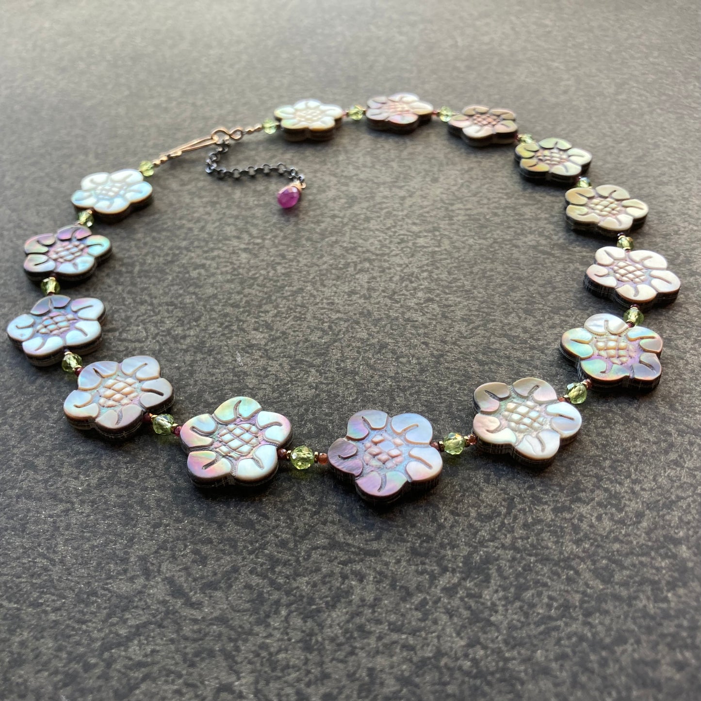 Black Mother of Pearl, Peridot, Ruby & Mixed Metal Cherry Blossom Collar