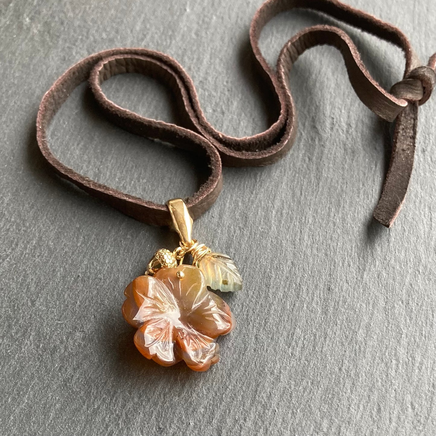 Carnelian & Bronze Autumn Bloom Deertan Leather Charm Choker
