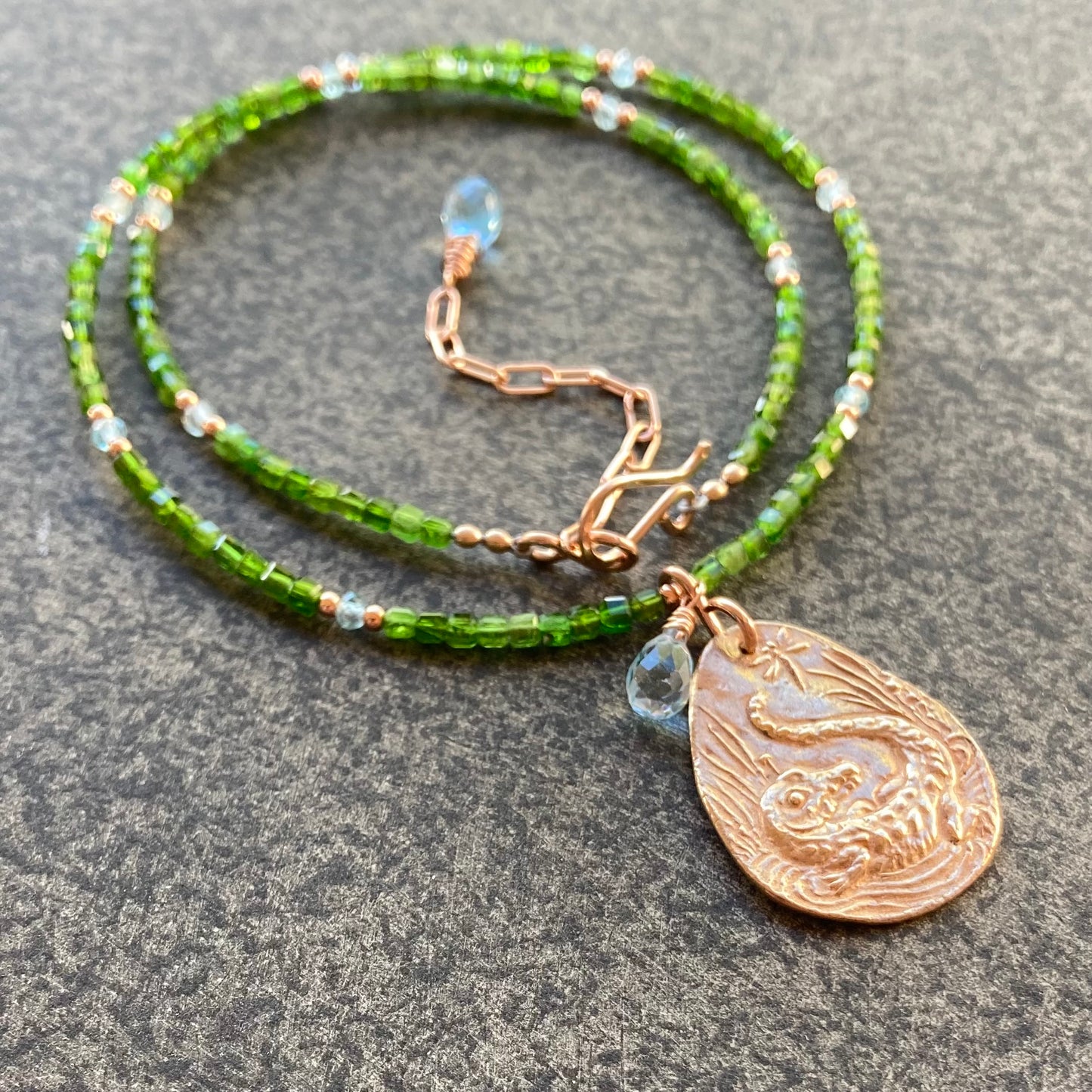 Chrome Diopside, Swiss Blue Topaz, Rose Gold & Bronze Everglades Pendant Choker