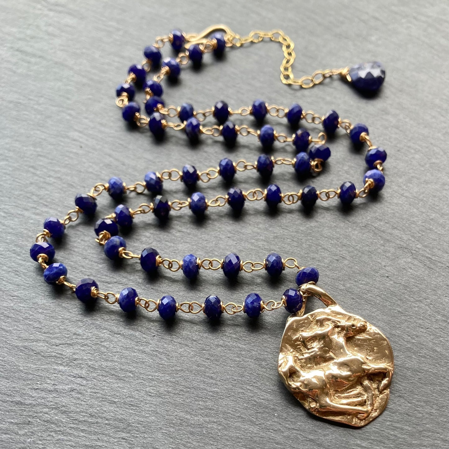 Sodalite, Gold & Bronze Horse Coin Necklace