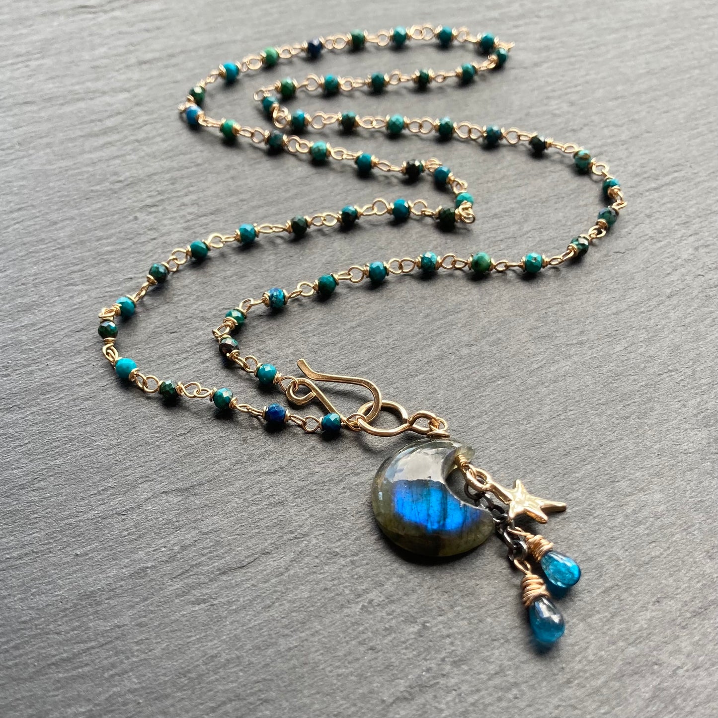 Chrysocolla, Gold & Labradorite Moonglow Charm Necklace