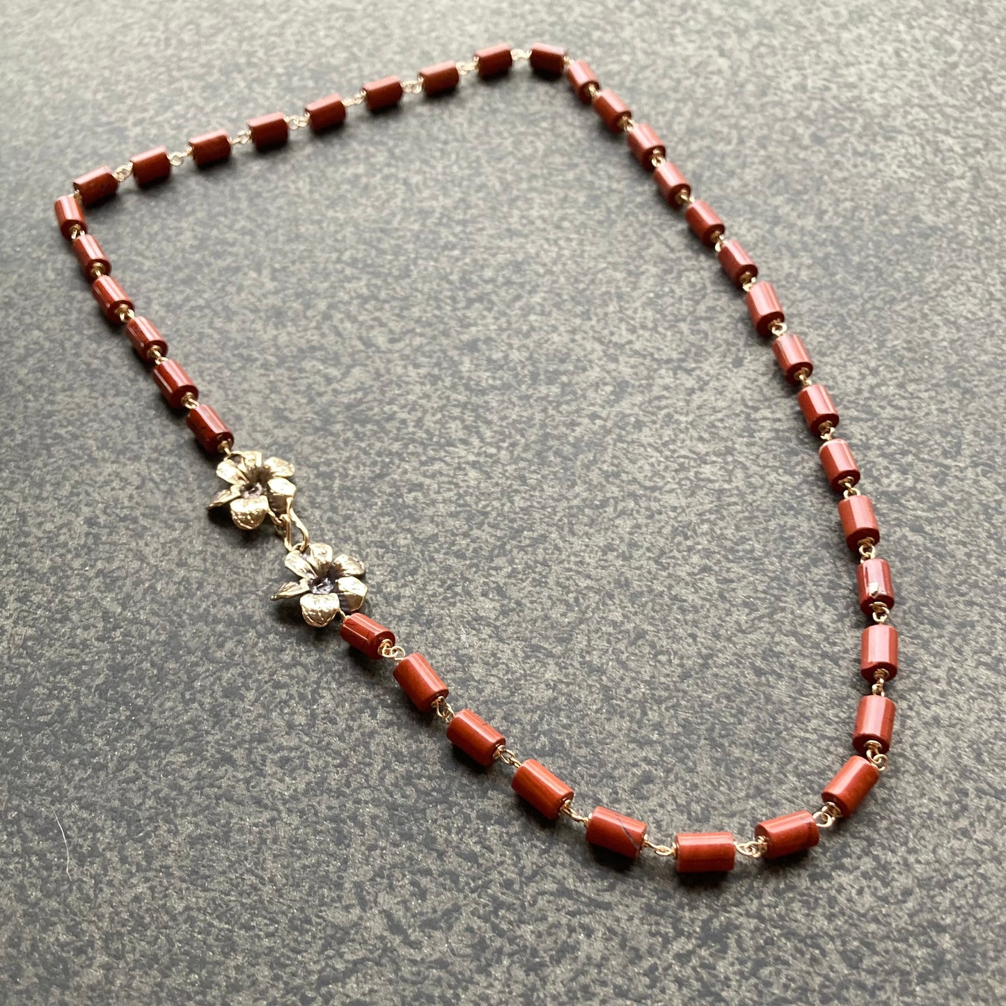 Red Jasper, Gold & Bronze Floral Clasp Necklace