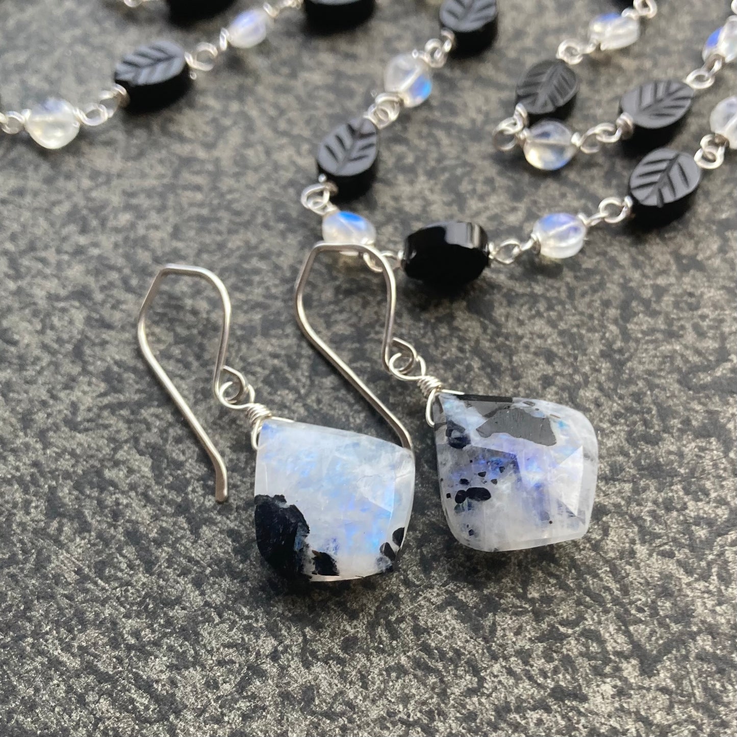 Rainbow Moonstone, Sterling Silver & Black Onyx Leaf Necklace